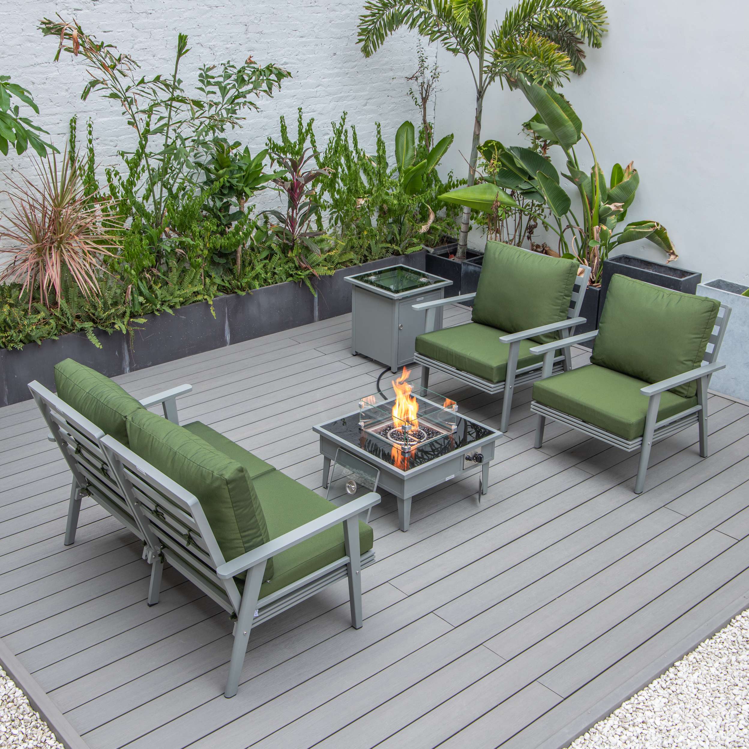 LeisureMod Walbrooke Modern Grey Patio Conversation With Square Fire Pit & Tank Holder - Image 35