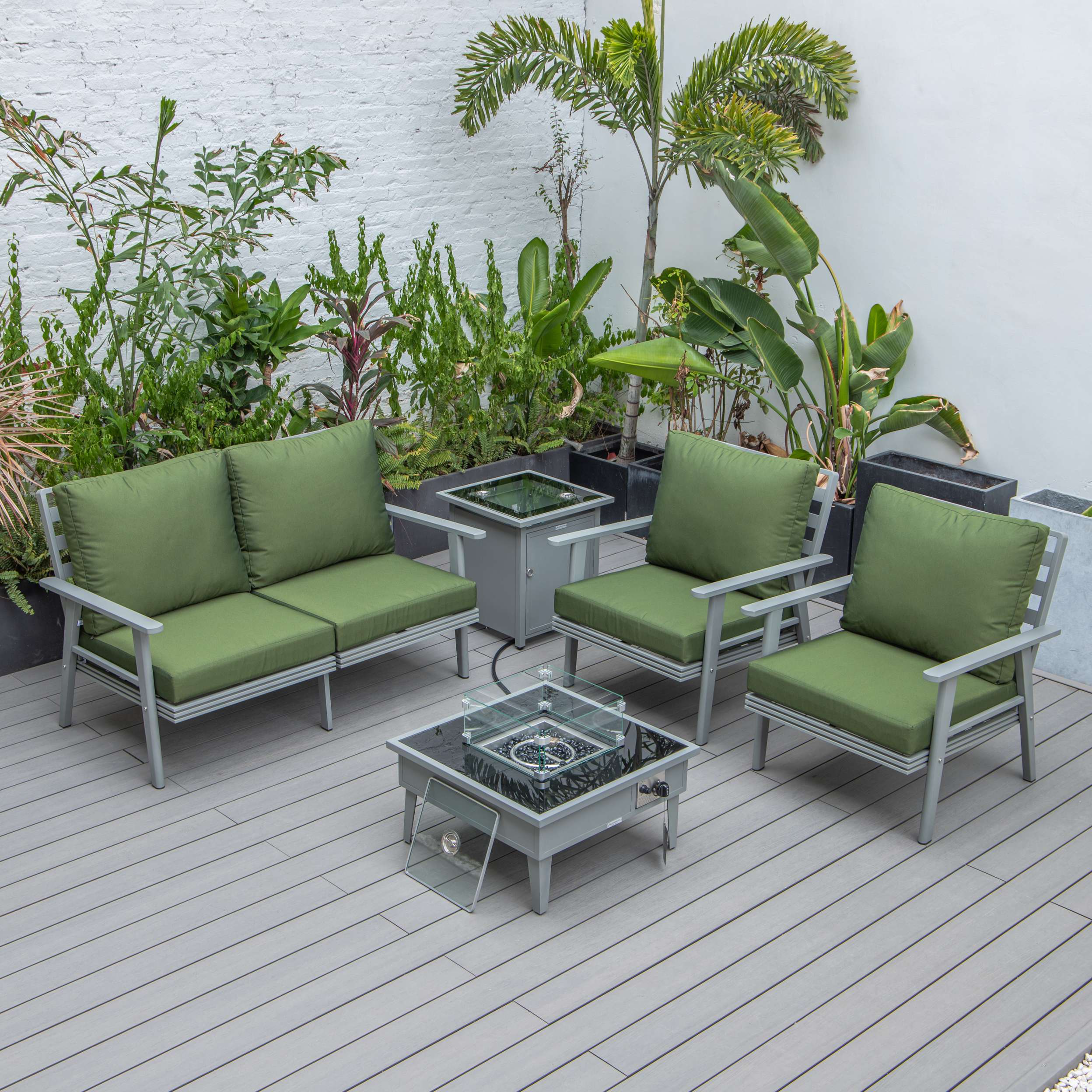 LeisureMod Walbrooke Modern Grey Patio Conversation With Square Fire Pit & Tank Holder - Image 36