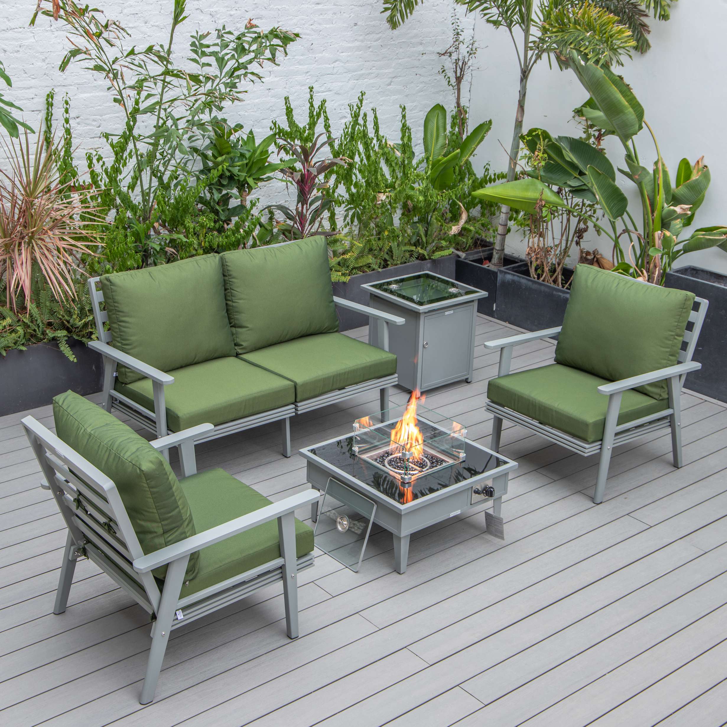 LeisureMod Walbrooke Modern Grey Patio Conversation With Square Fire Pit & Tank Holder - Image 37