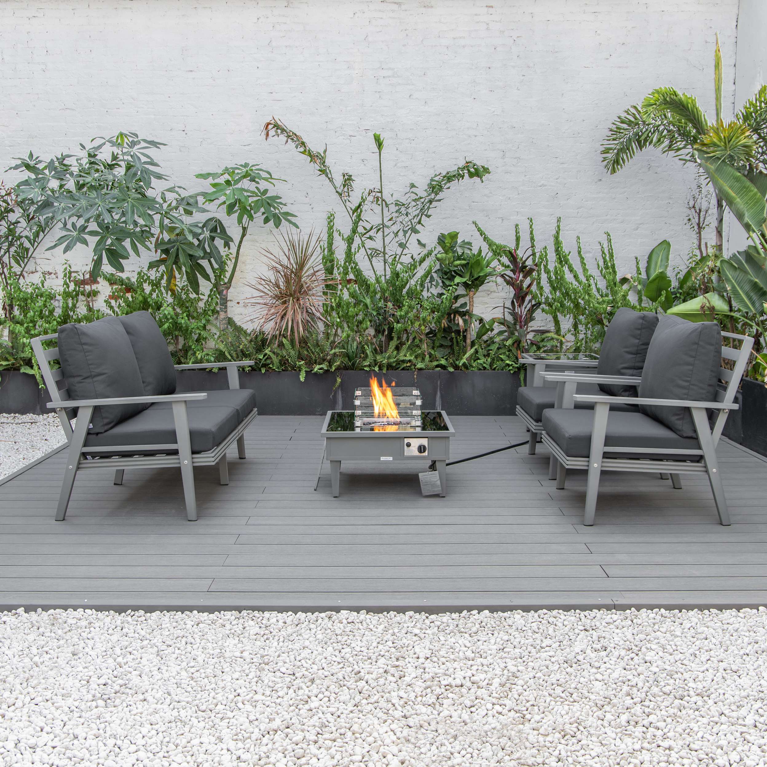 LeisureMod Walbrooke Modern Grey Patio Conversation With Square Fire Pit & Tank Holder - Image 4