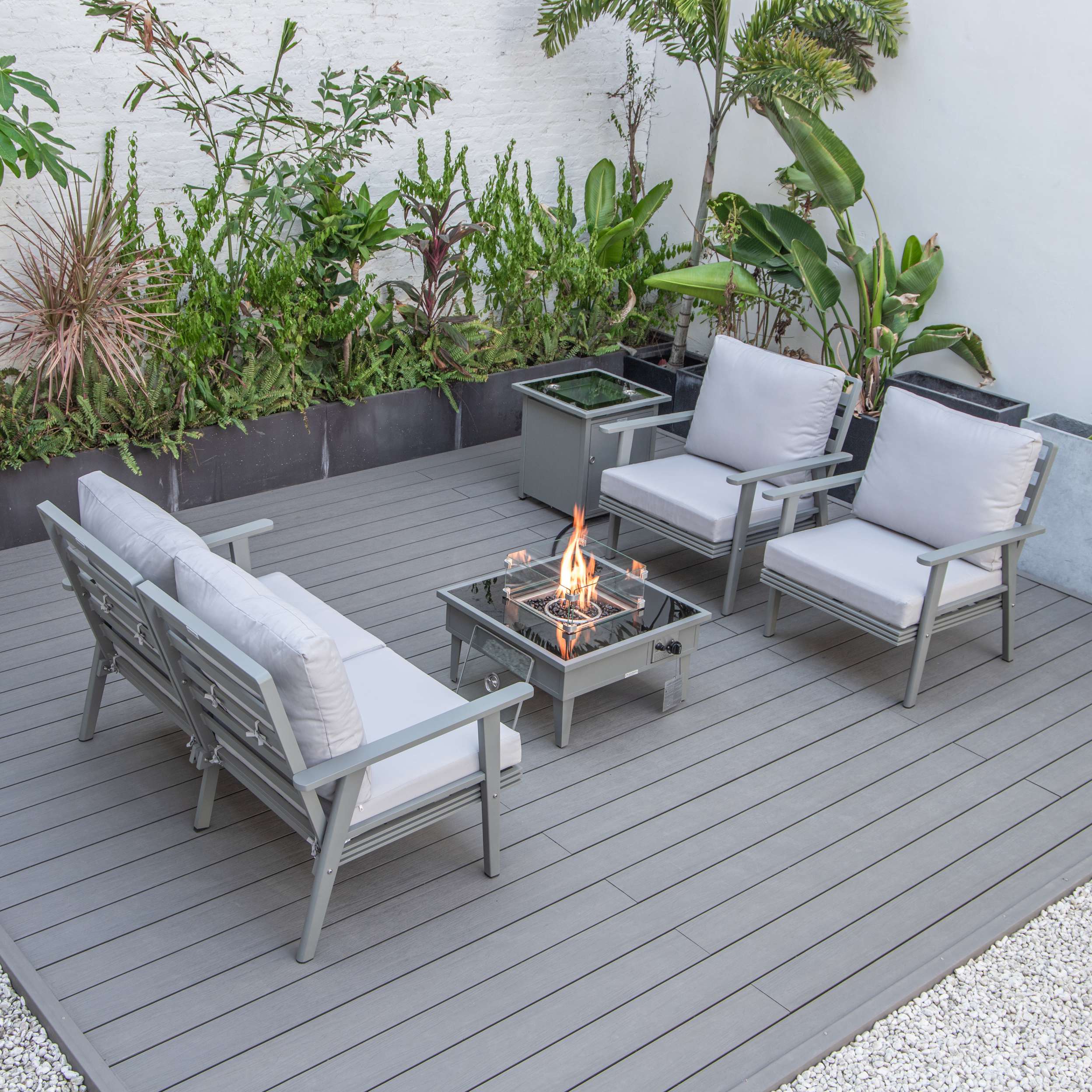 LeisureMod Walbrooke Modern Grey Patio Conversation With Square Fire Pit & Tank Holder - Image 43