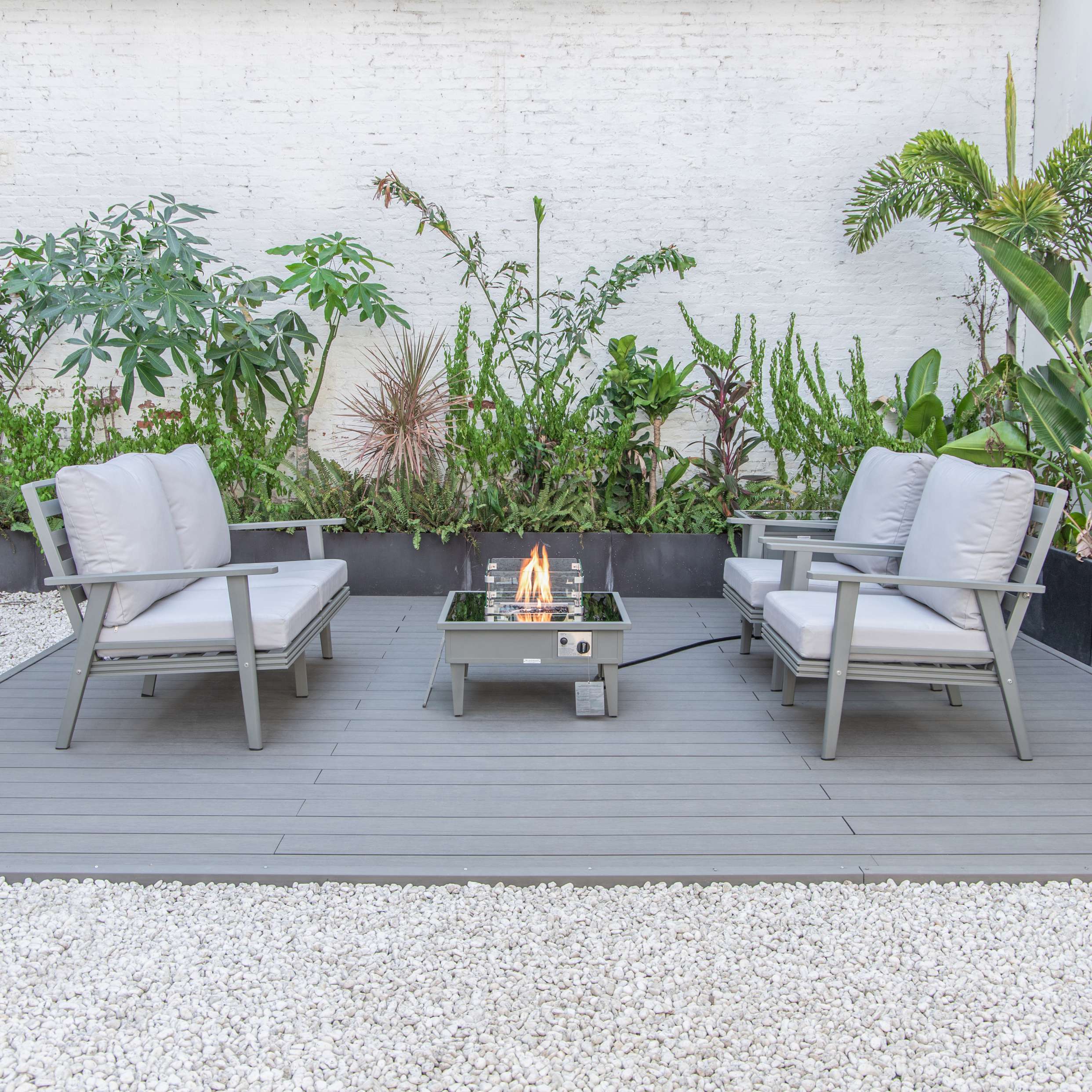 LeisureMod Walbrooke Modern Grey Patio Conversation With Square Fire Pit & Tank Holder - Image 44