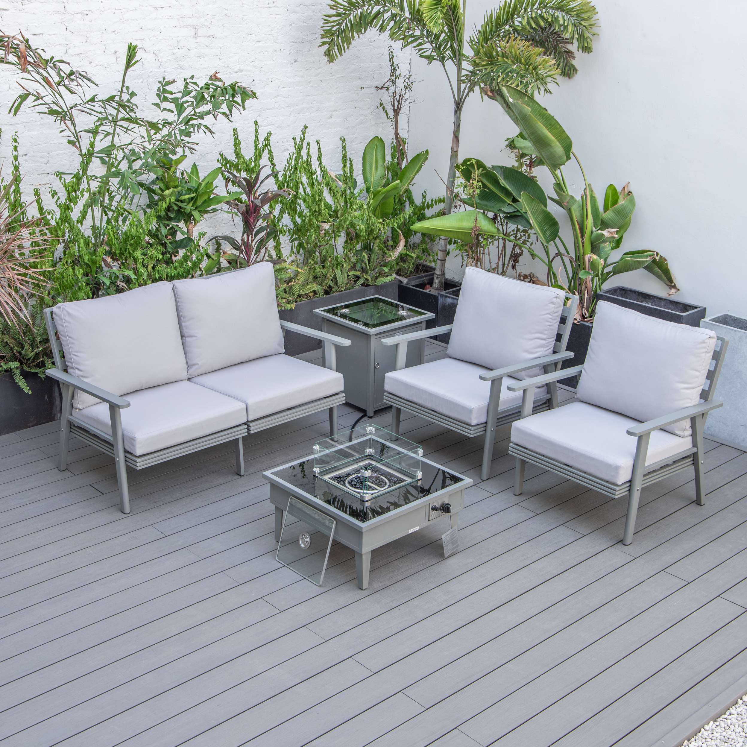LeisureMod Walbrooke Modern Grey Patio Conversation With Square Fire Pit & Tank Holder - Image 45