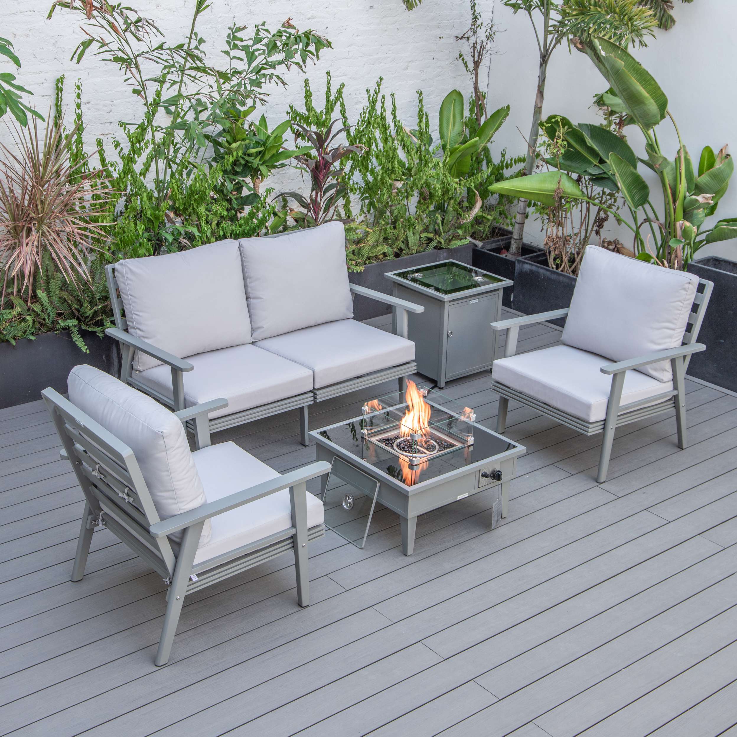 LeisureMod Walbrooke Modern Grey Patio Conversation With Square Fire Pit & Tank Holder - Image 46