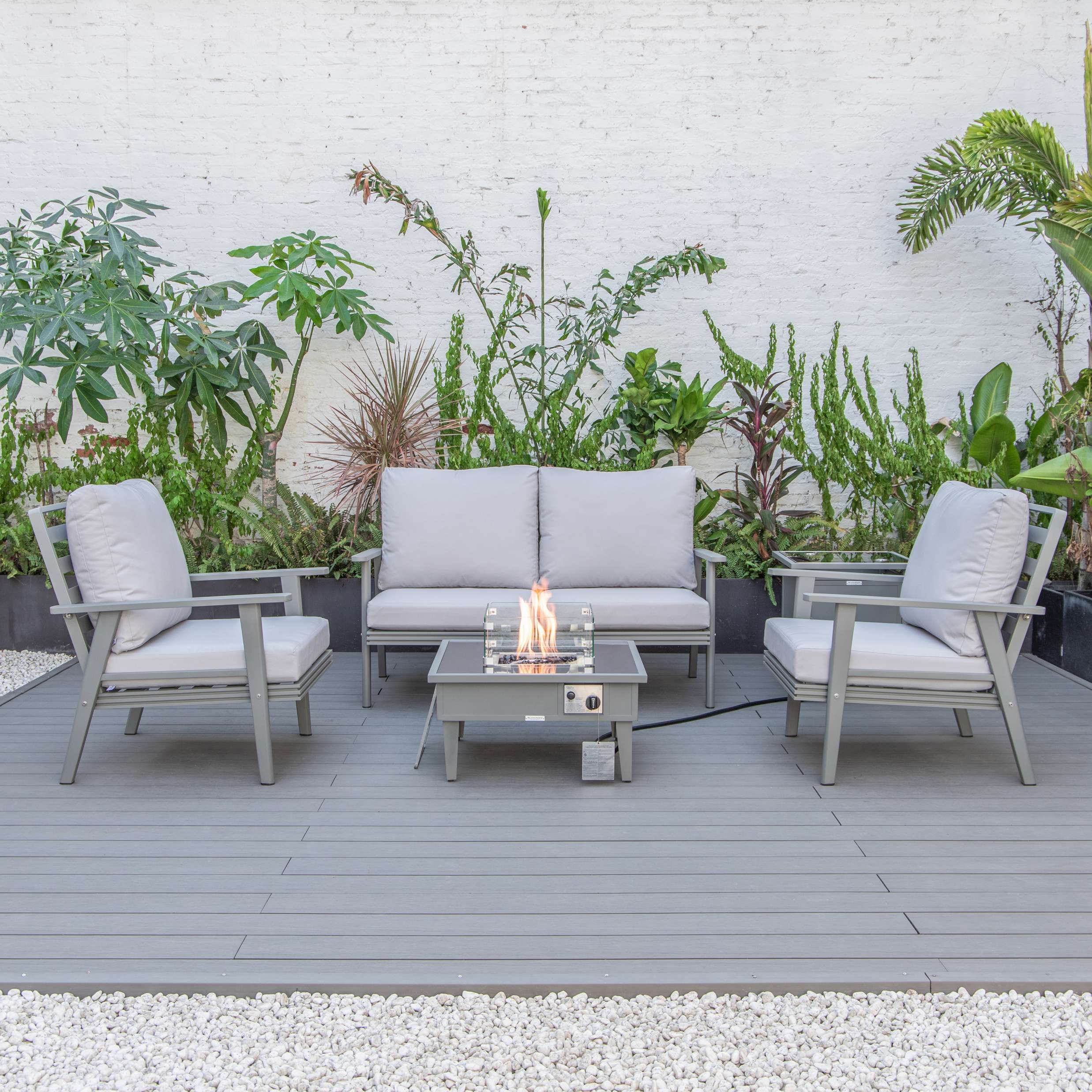 LeisureMod Walbrooke Modern Grey Patio Conversation With Square Fire Pit & Tank Holder - Image 47