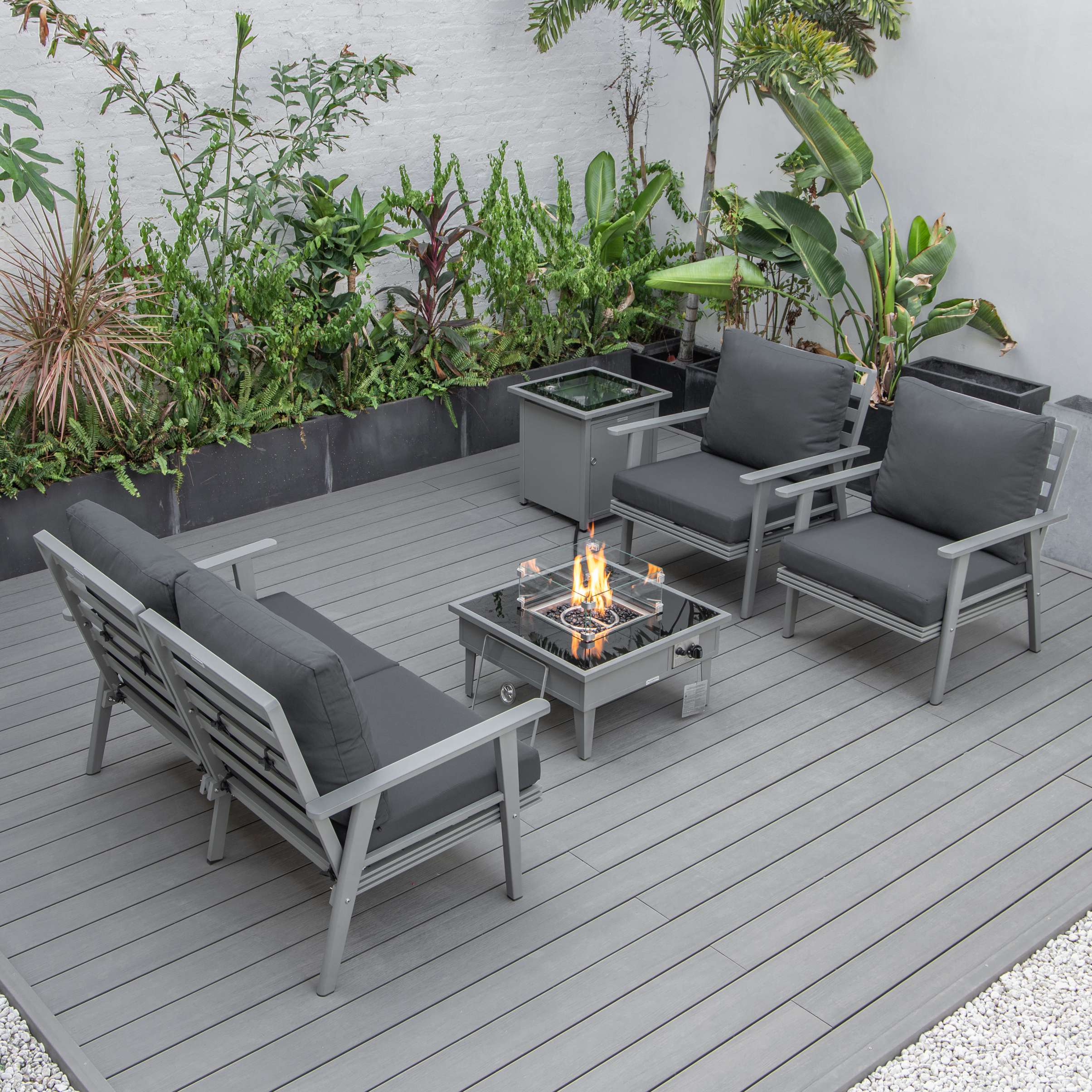 LeisureMod Walbrooke Modern Grey Patio Conversation With Square Fire Pit & Tank Holder - Image 5