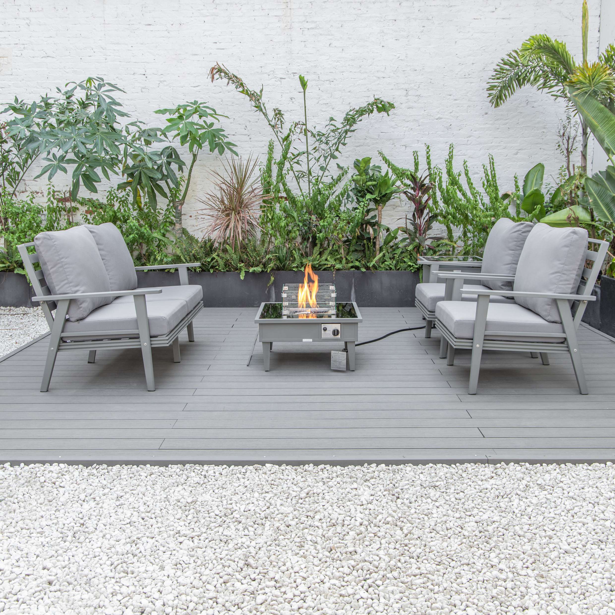 LeisureMod Walbrooke Modern Grey Patio Conversation With Square Fire Pit & Tank Holder - Image 51