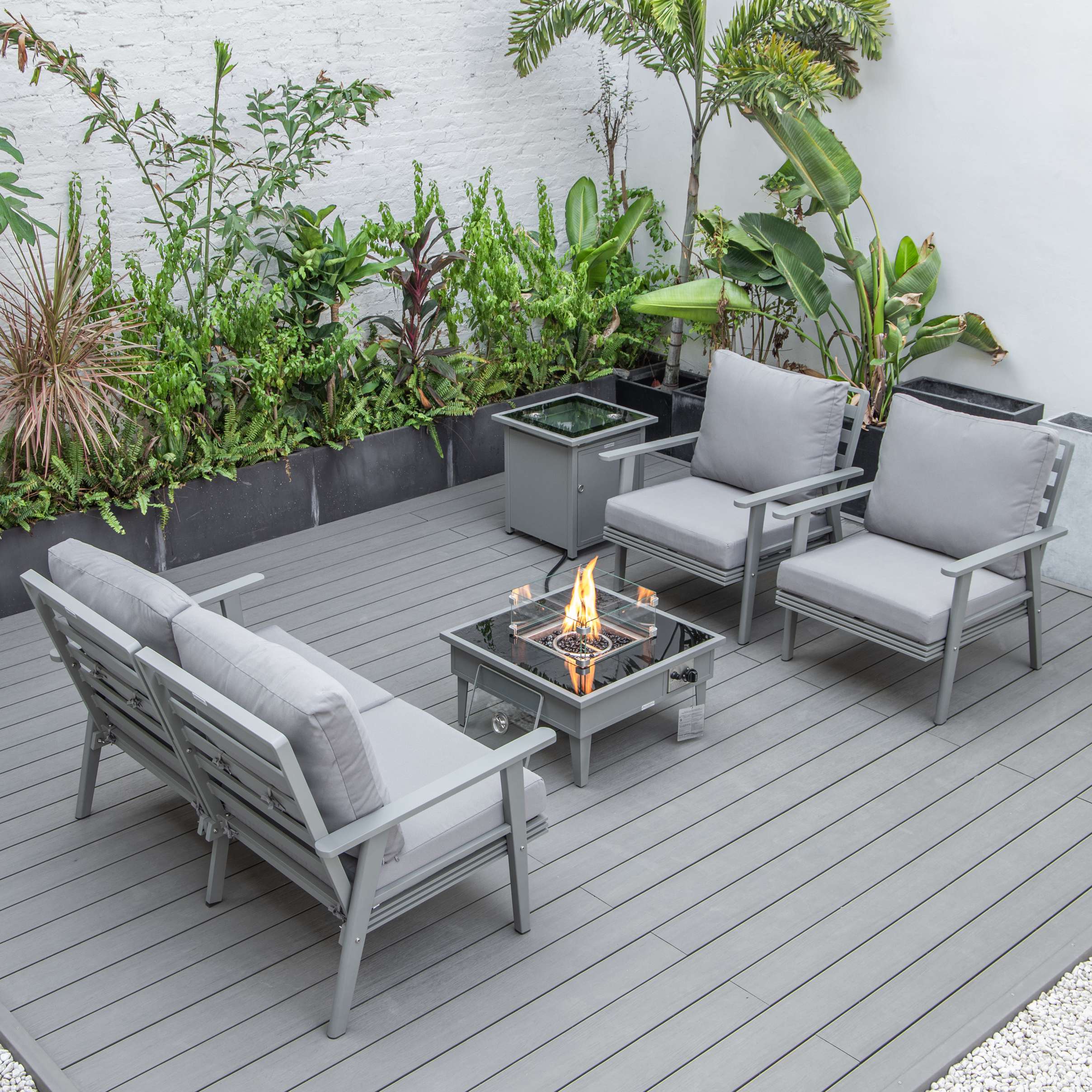 LeisureMod Walbrooke Modern Grey Patio Conversation With Square Fire Pit & Tank Holder - Image 52