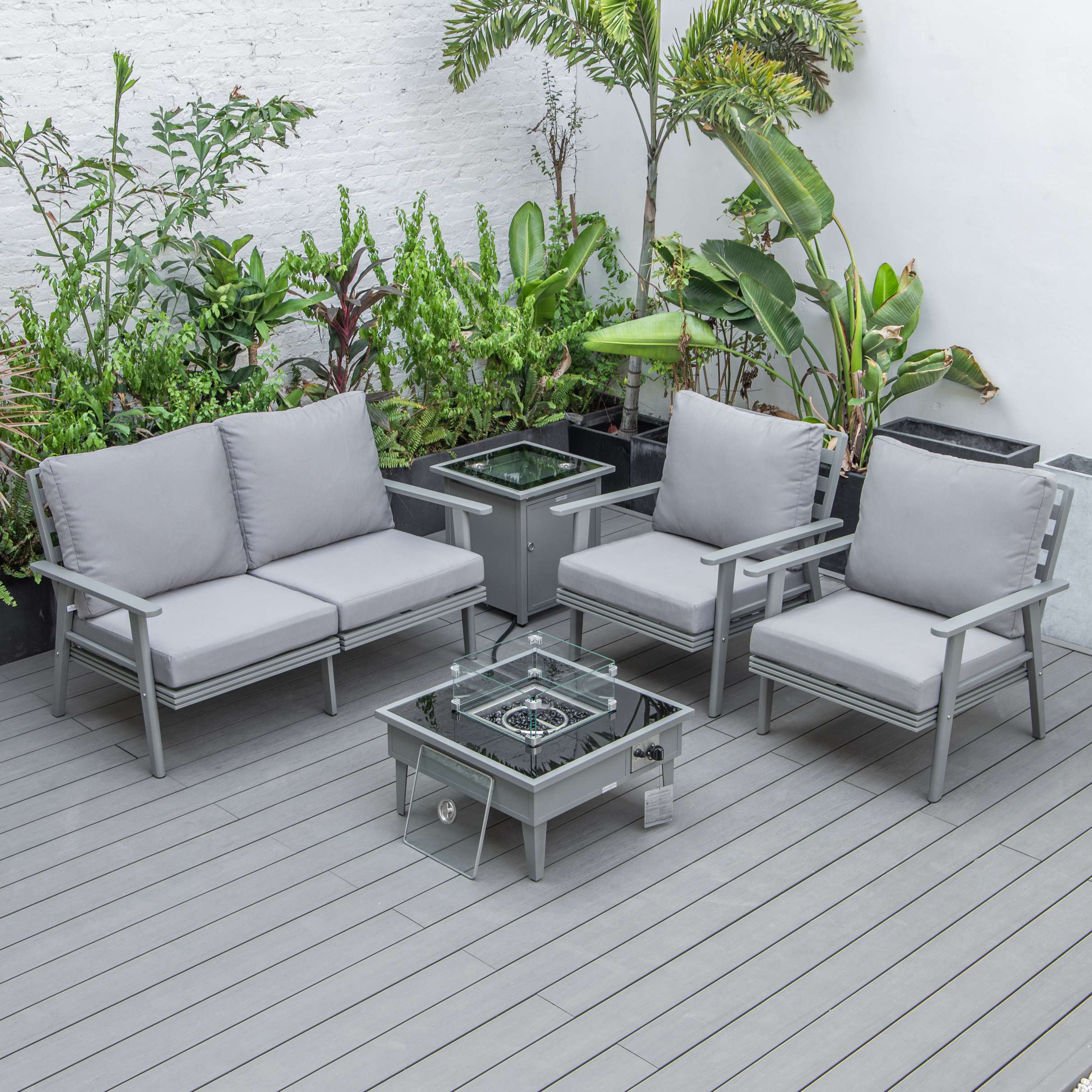 LeisureMod Walbrooke Modern Grey Patio Conversation With Square Fire Pit & Tank Holder - Image 53