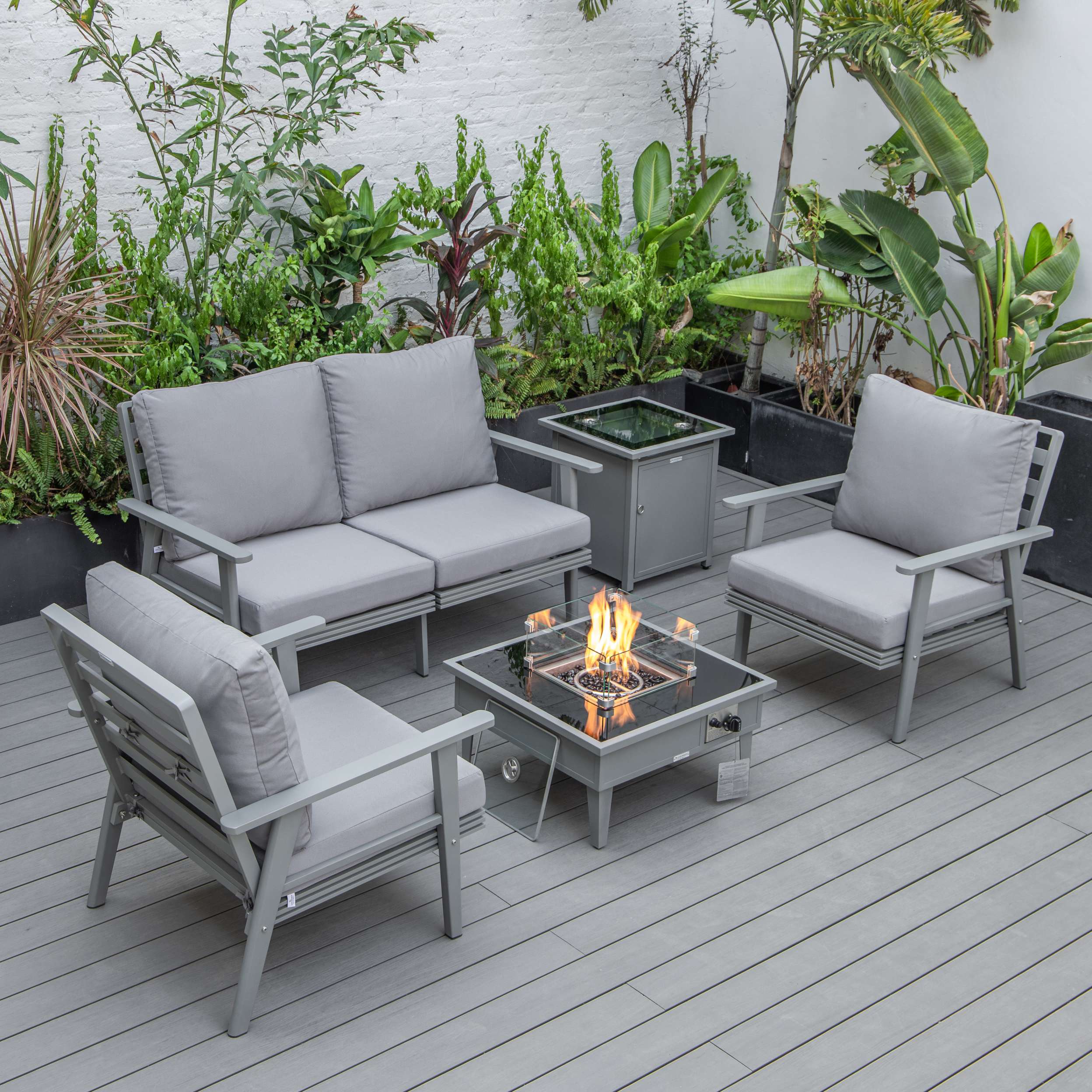 LeisureMod Walbrooke Modern Grey Patio Conversation With Square Fire Pit & Tank Holder - Image 54