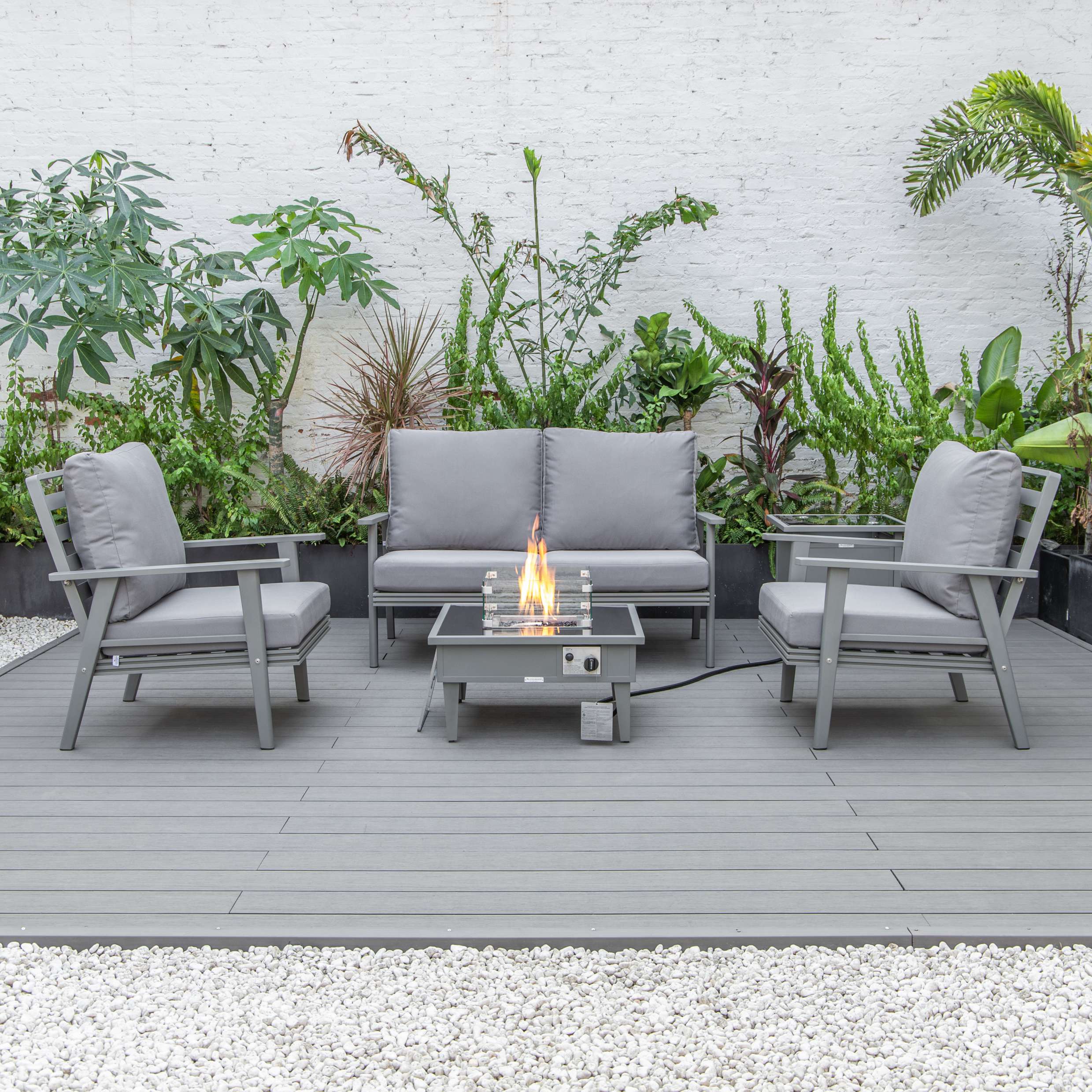 LeisureMod Walbrooke Modern Grey Patio Conversation With Square Fire Pit & Tank Holder - Image 55