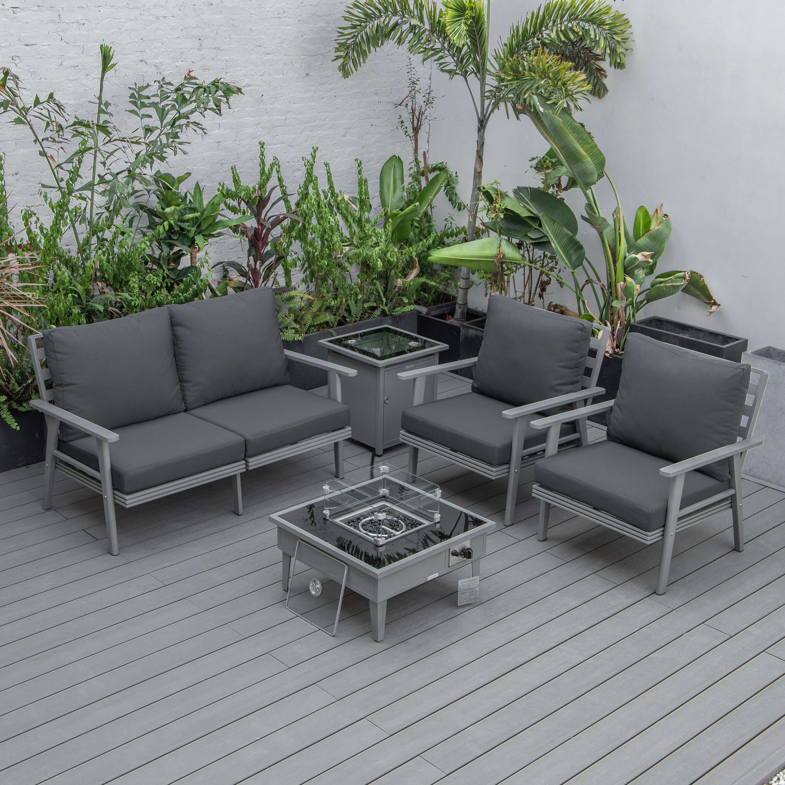 LeisureMod Walbrooke Modern Grey Patio Conversation With Square Fire Pit & Tank Holder - Image 6