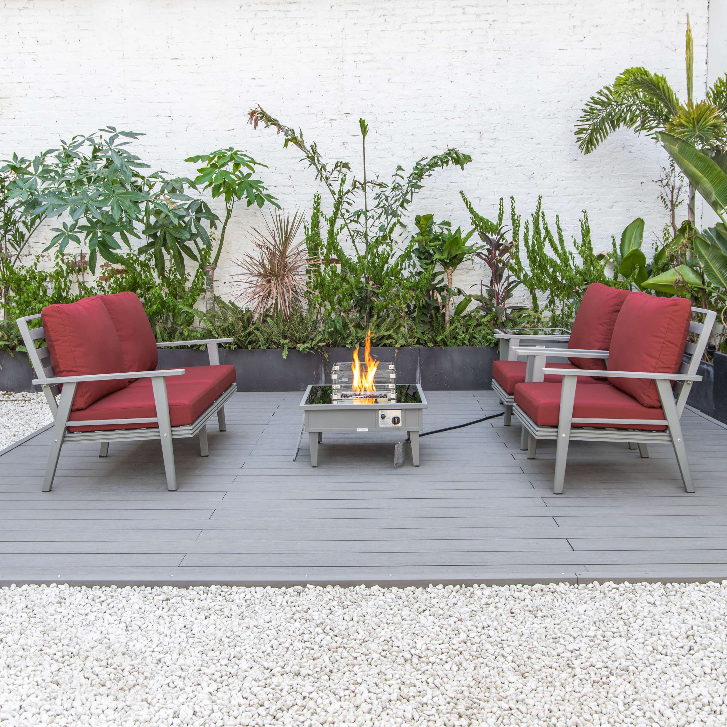 LeisureMod Walbrooke Modern Grey Patio Conversation With Square Fire Pit & Tank Holder - Image 60