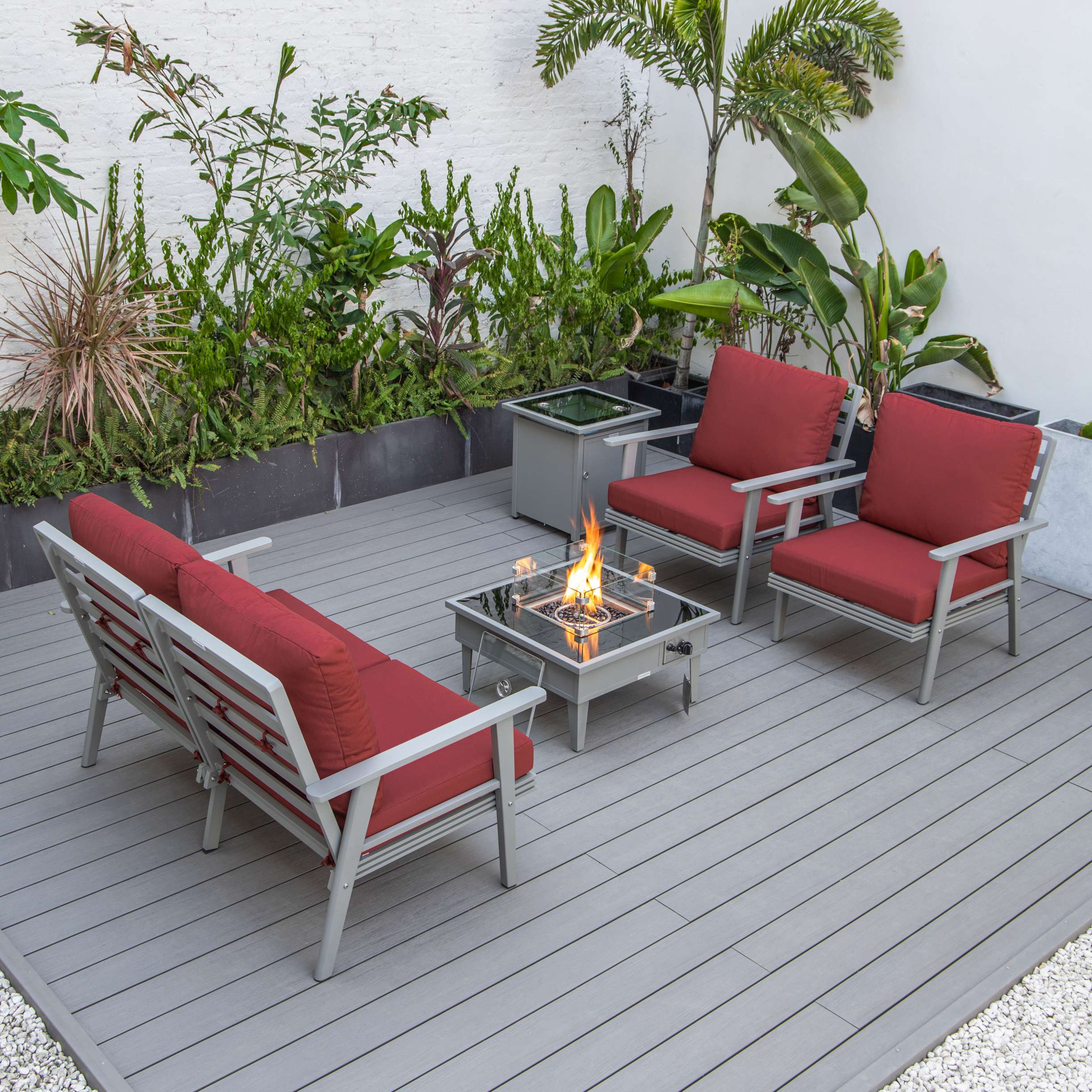 LeisureMod Walbrooke Modern Grey Patio Conversation With Square Fire Pit & Tank Holder - Image 61