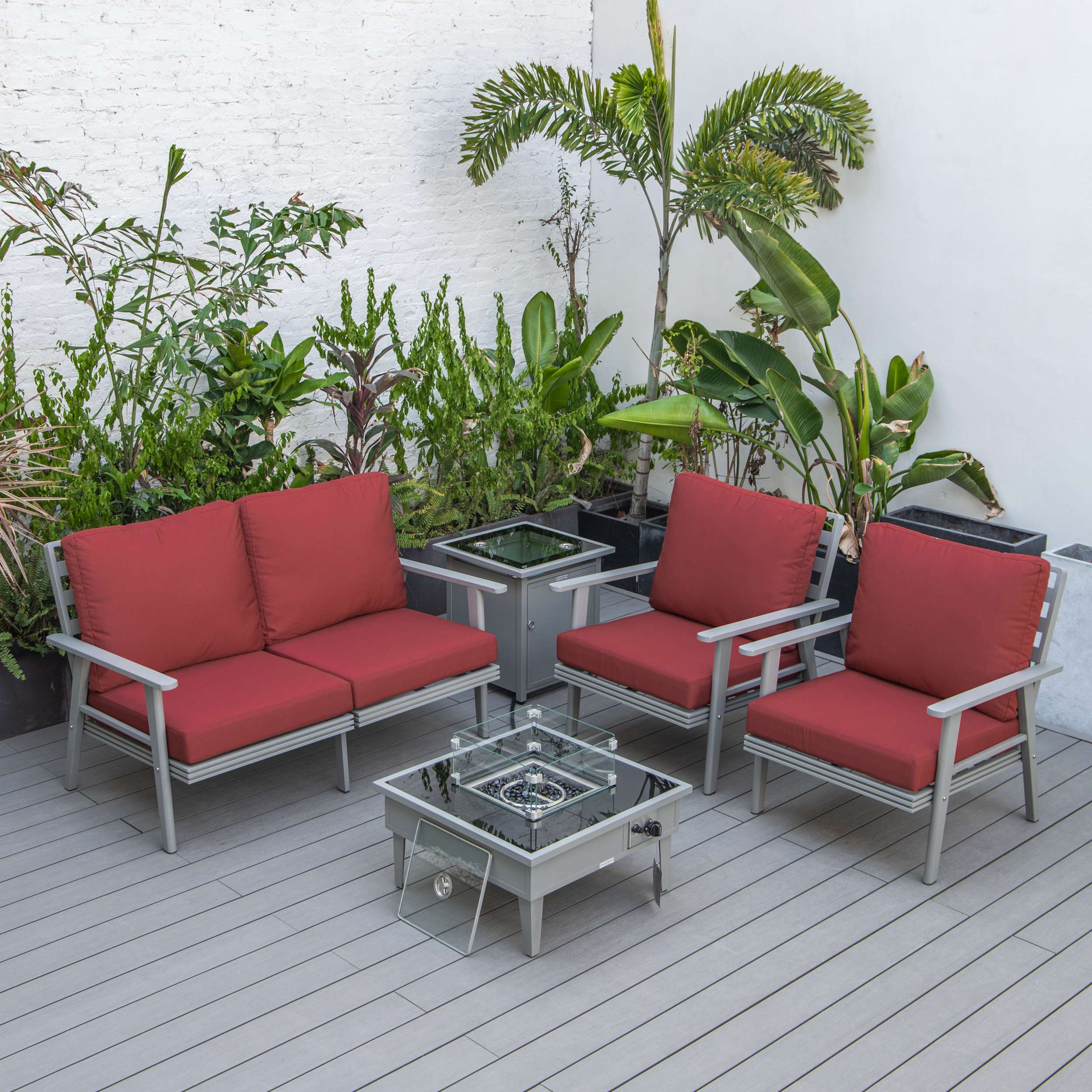 LeisureMod Walbrooke Modern Grey Patio Conversation With Square Fire Pit & Tank Holder - Image 62