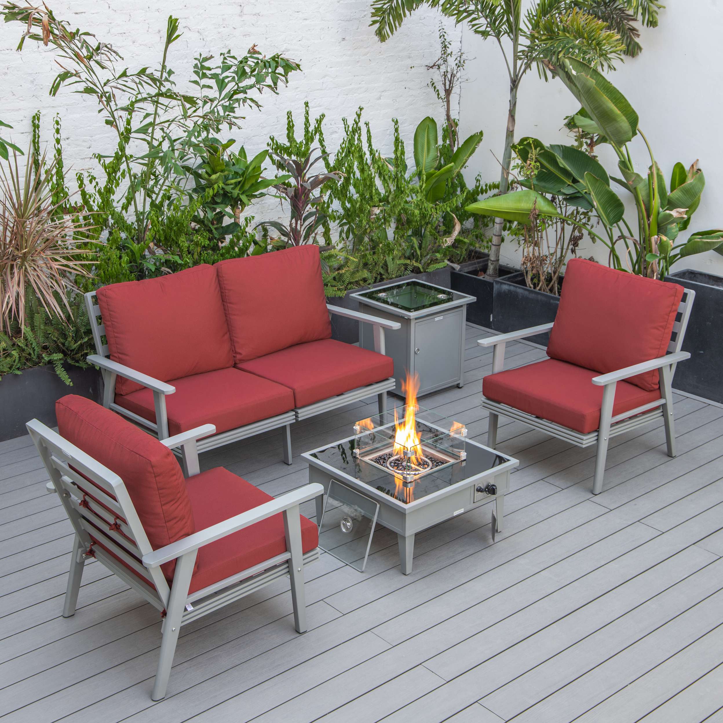 LeisureMod Walbrooke Modern Grey Patio Conversation With Square Fire Pit & Tank Holder - Image 63