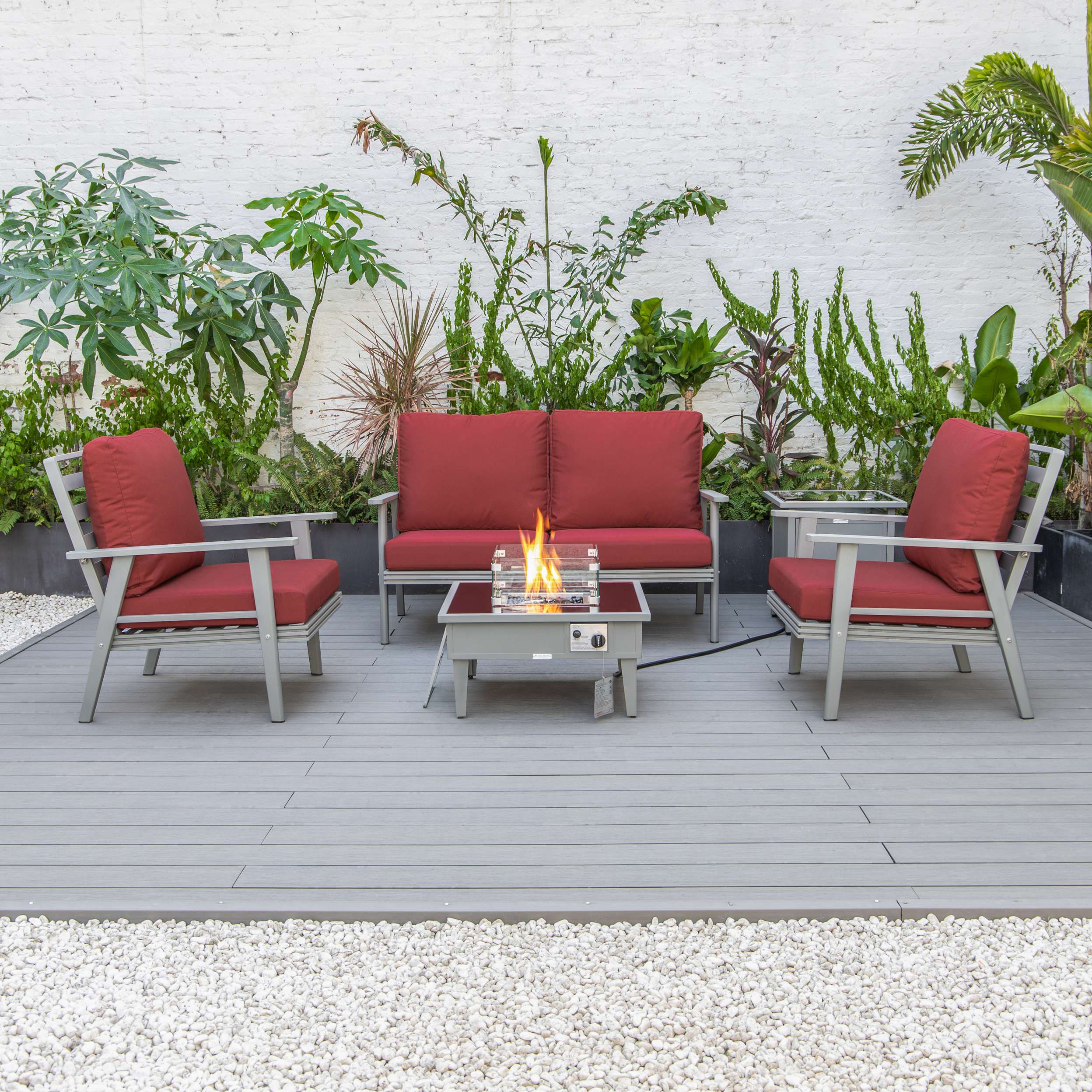 LeisureMod Walbrooke Modern Grey Patio Conversation With Square Fire Pit & Tank Holder - Image 64