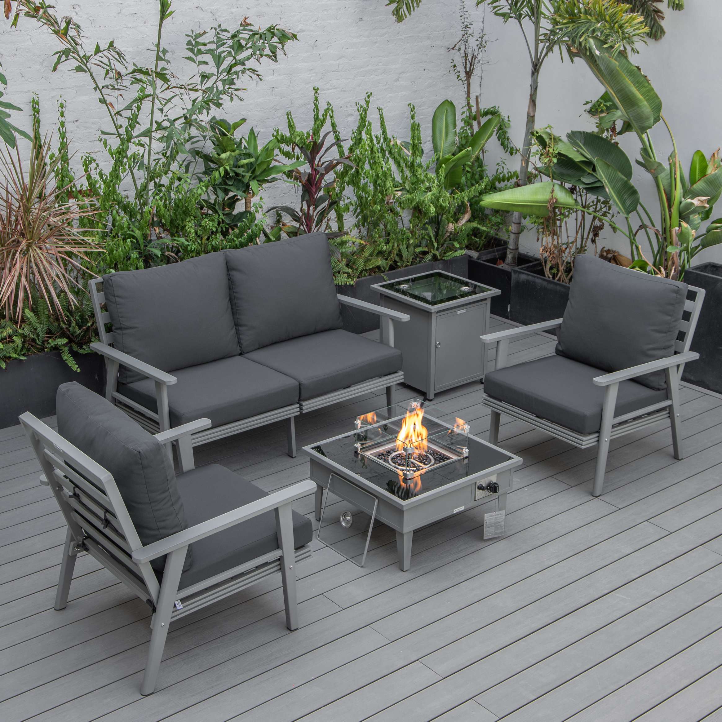 LeisureMod Walbrooke Modern Grey Patio Conversation With Square Fire Pit & Tank Holder - Image 8