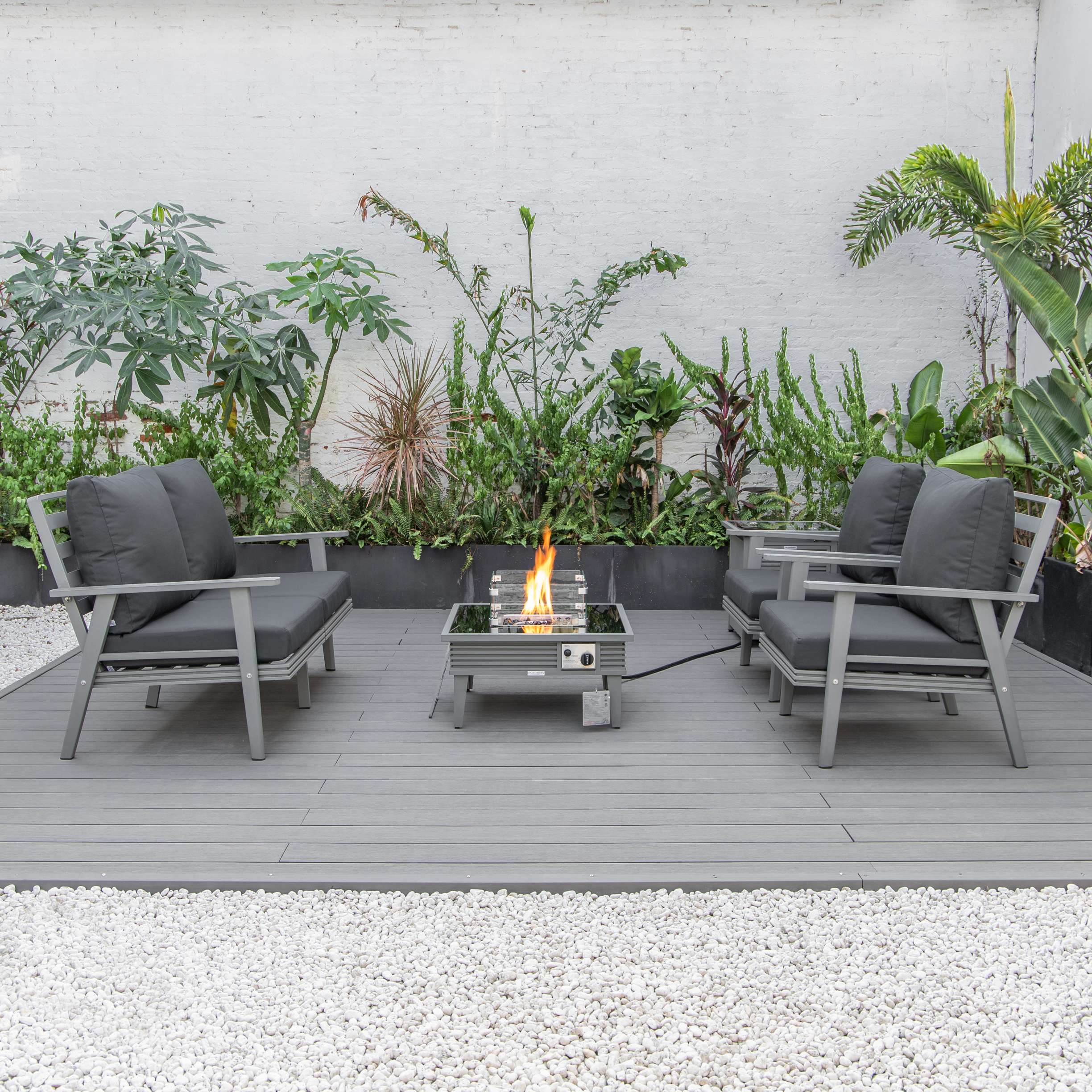 LeisureMod Walbrooke Modern Grey Patio Conversation With Square Fire Pit With Slats Design & Tank Holder - Image 2