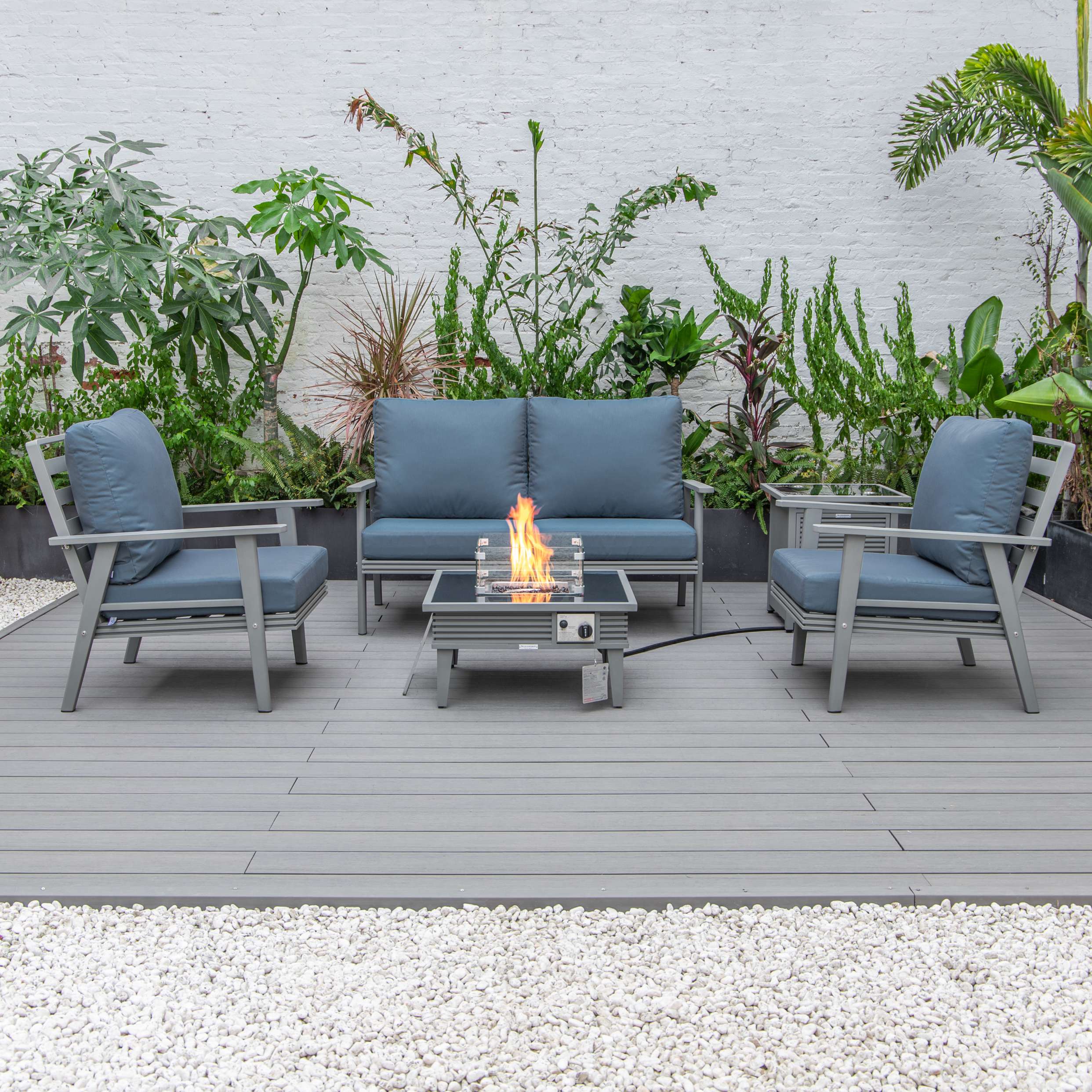 LeisureMod Walbrooke Modern Grey Patio Conversation With Square Fire Pit With Slats Design & Tank Holder - Image 20