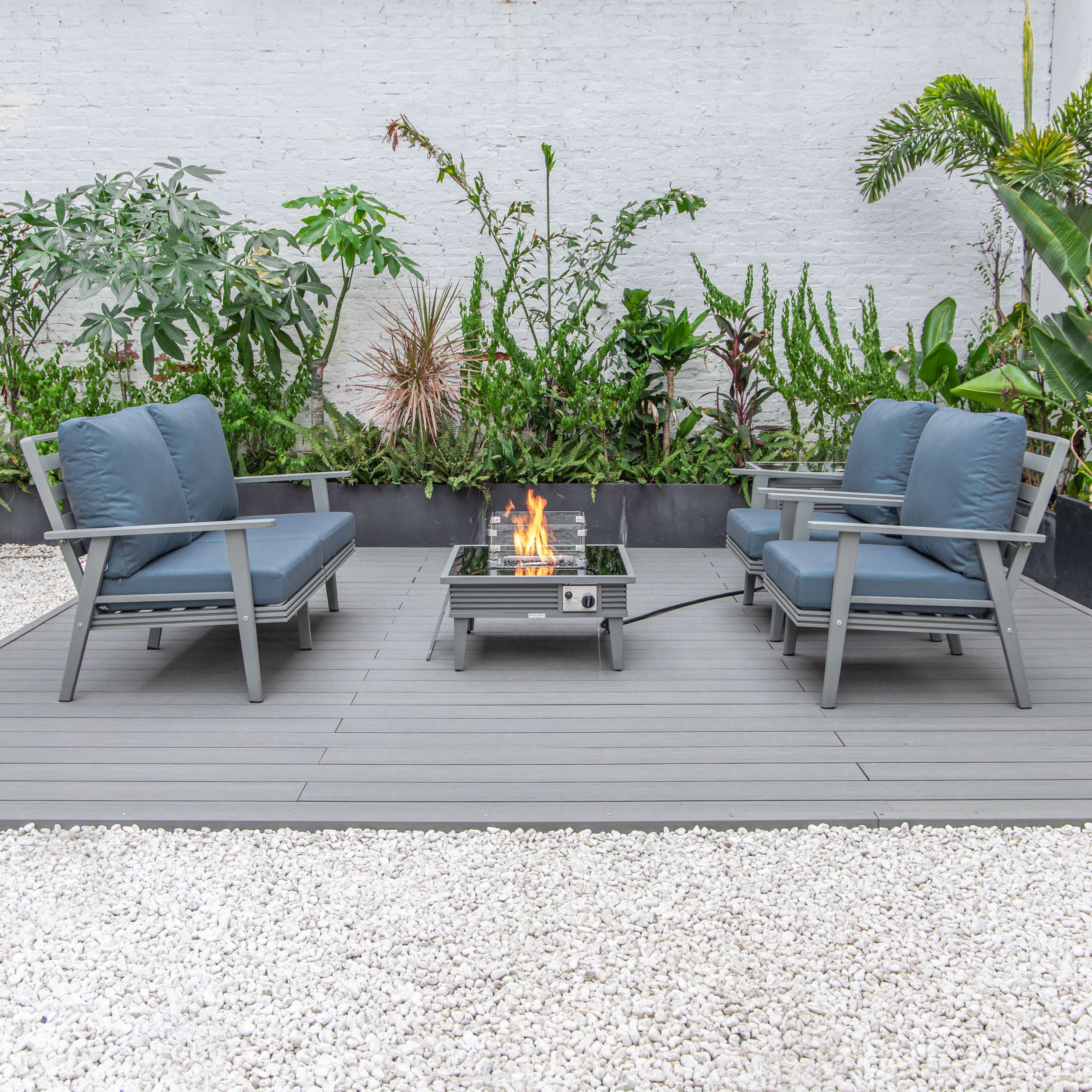 LeisureMod Walbrooke Modern Grey Patio Conversation With Square Fire Pit With Slats Design & Tank Holder - Image 21