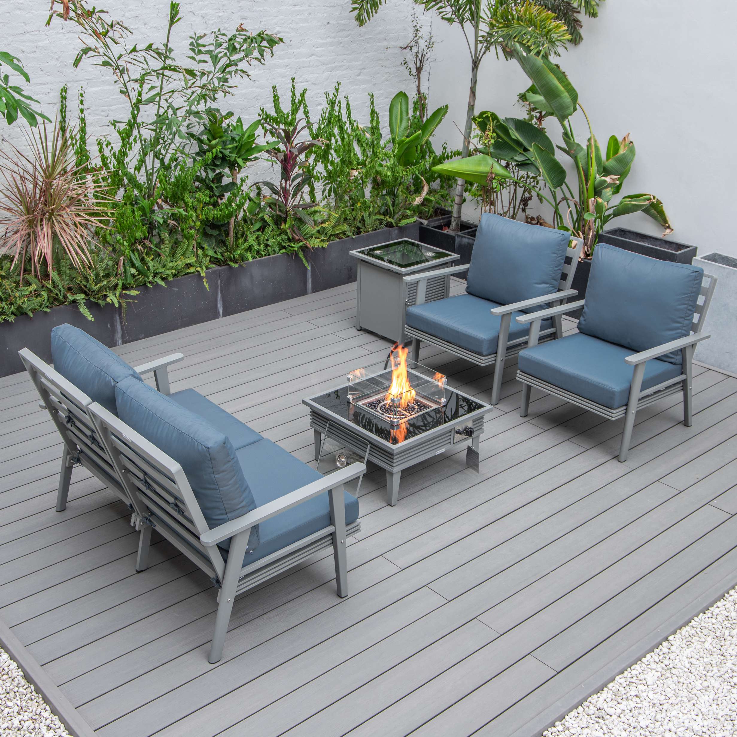 LeisureMod Walbrooke Modern Grey Patio Conversation With Square Fire Pit With Slats Design & Tank Holder - Image 22
