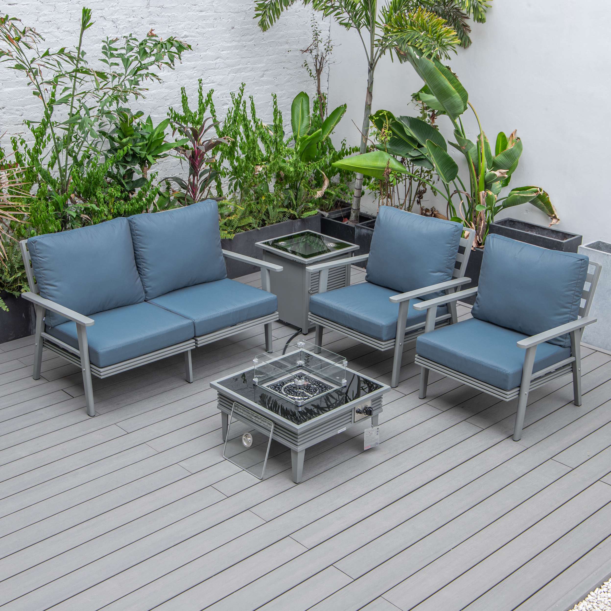 LeisureMod Walbrooke Modern Grey Patio Conversation With Square Fire Pit With Slats Design & Tank Holder - Image 23