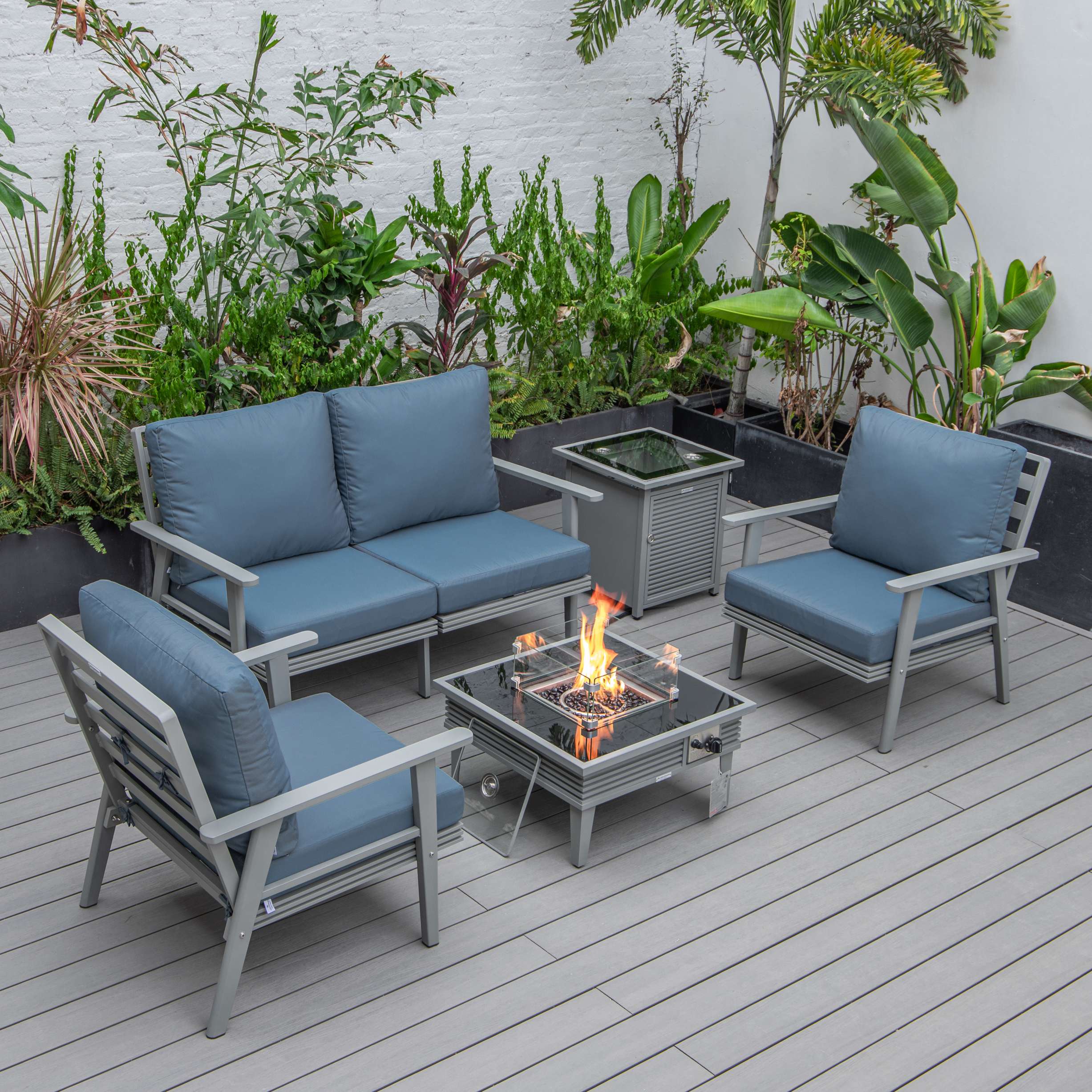 LeisureMod Walbrooke Modern Grey Patio Conversation With Square Fire Pit With Slats Design & Tank Holder - Image 24