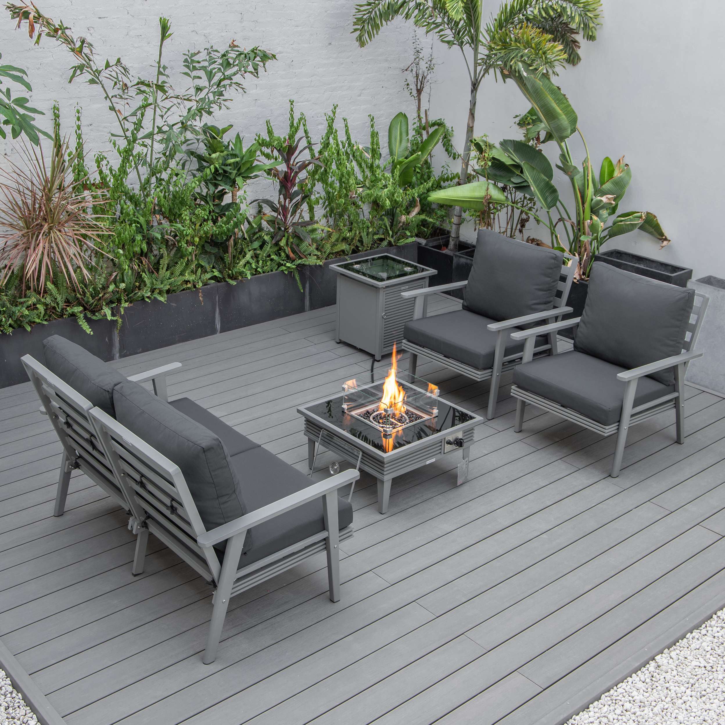 LeisureMod Walbrooke Modern Grey Patio Conversation With Square Fire Pit With Slats Design & Tank Holder - Image 3