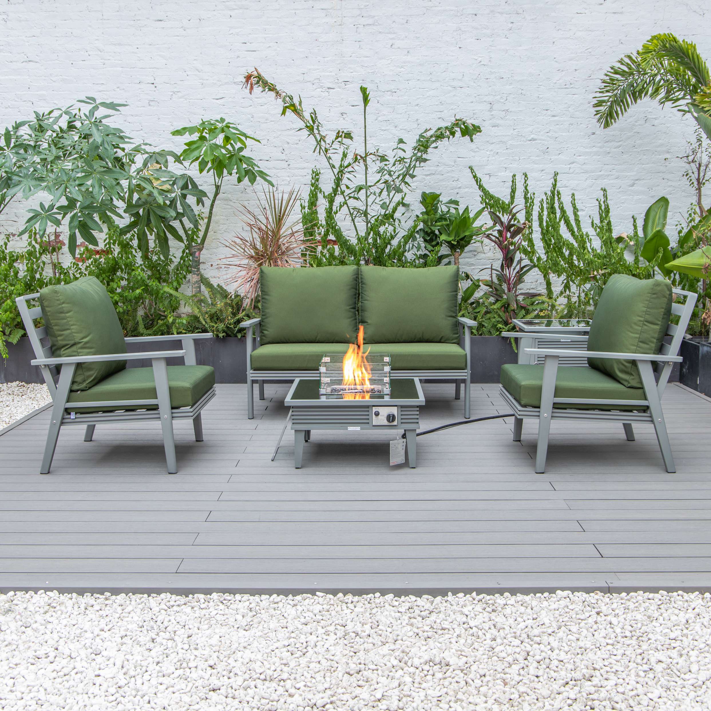 LeisureMod Walbrooke Modern Grey Patio Conversation With Square Fire Pit With Slats Design & Tank Holder - Image 35