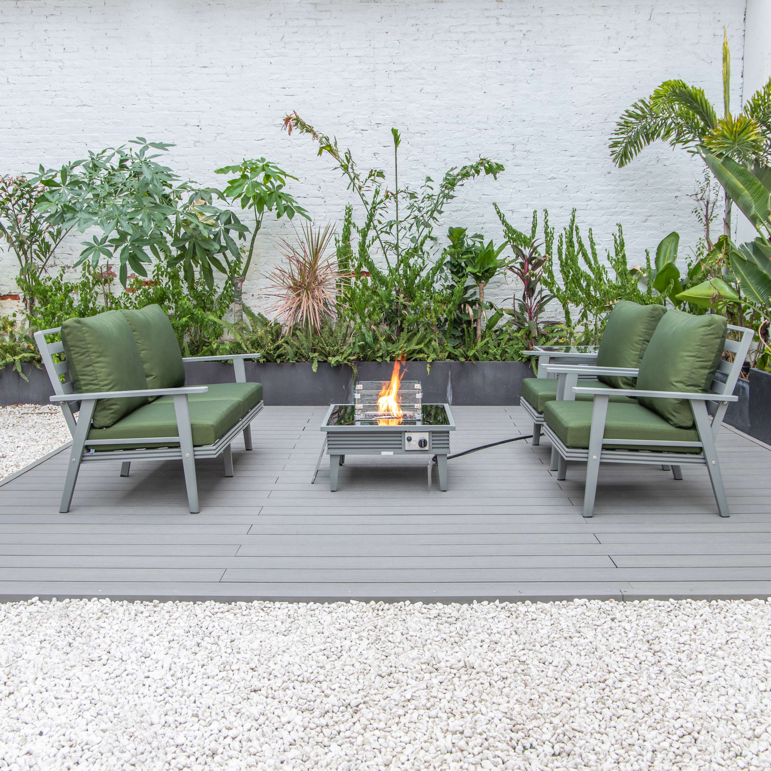 LeisureMod Walbrooke Modern Grey Patio Conversation With Square Fire Pit With Slats Design & Tank Holder - Image 36