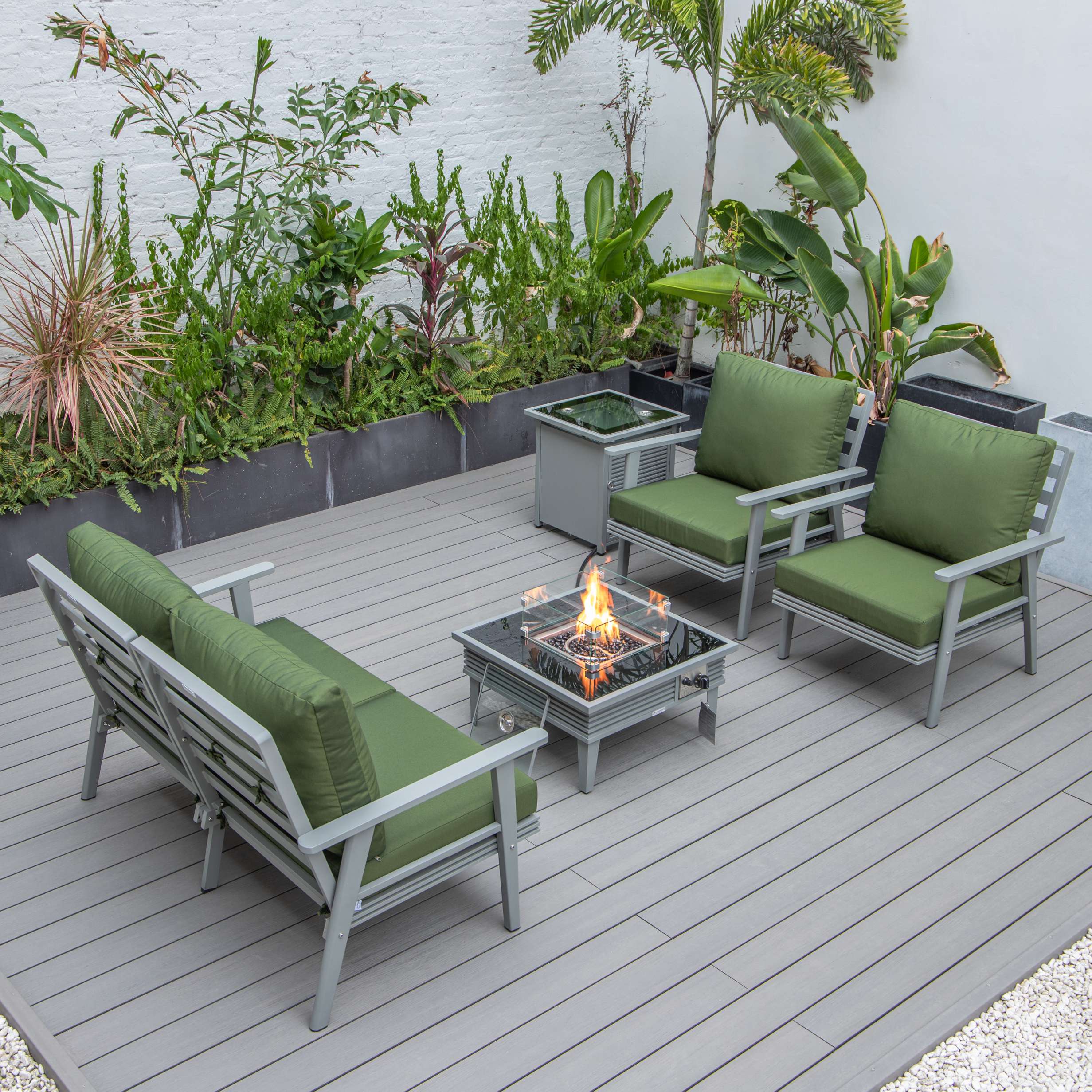 LeisureMod Walbrooke Modern Grey Patio Conversation With Square Fire Pit With Slats Design & Tank Holder - Image 37