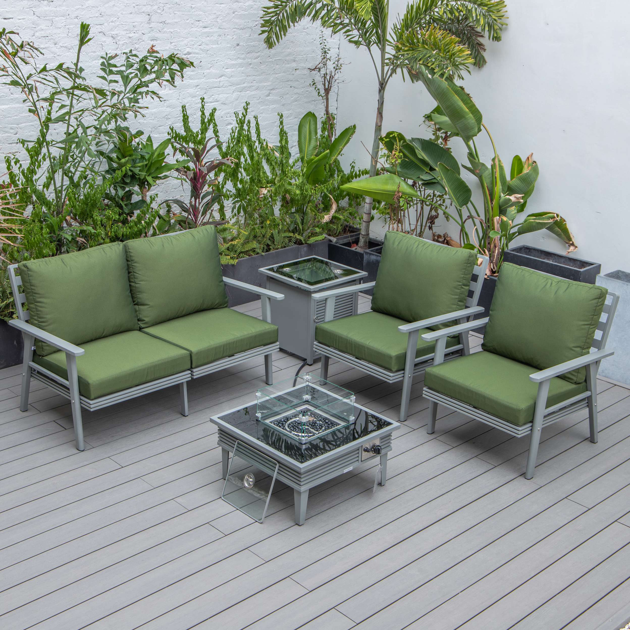 LeisureMod Walbrooke Modern Grey Patio Conversation With Square Fire Pit With Slats Design & Tank Holder - Image 38
