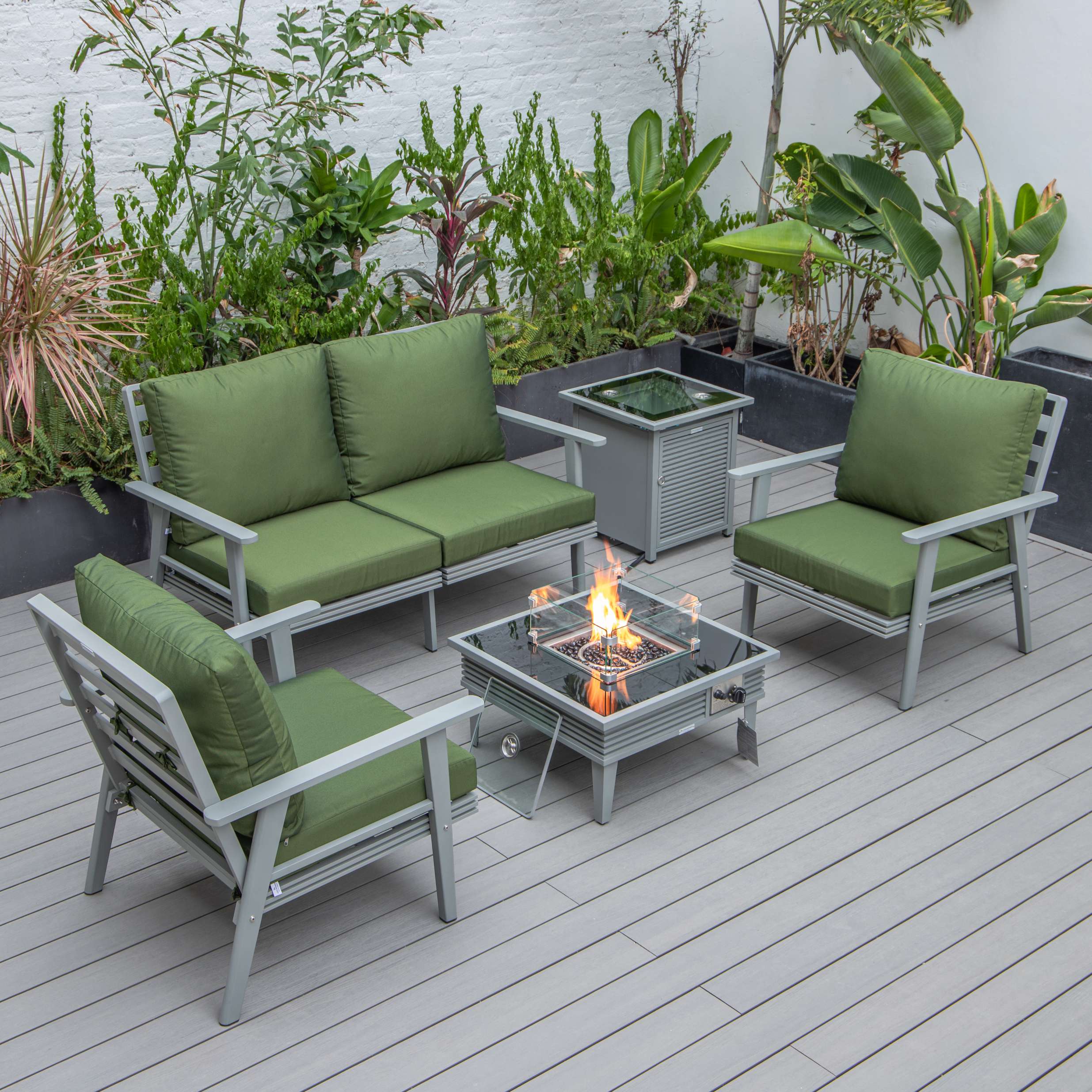 LeisureMod Walbrooke Modern Grey Patio Conversation With Square Fire Pit With Slats Design & Tank Holder - Image 39
