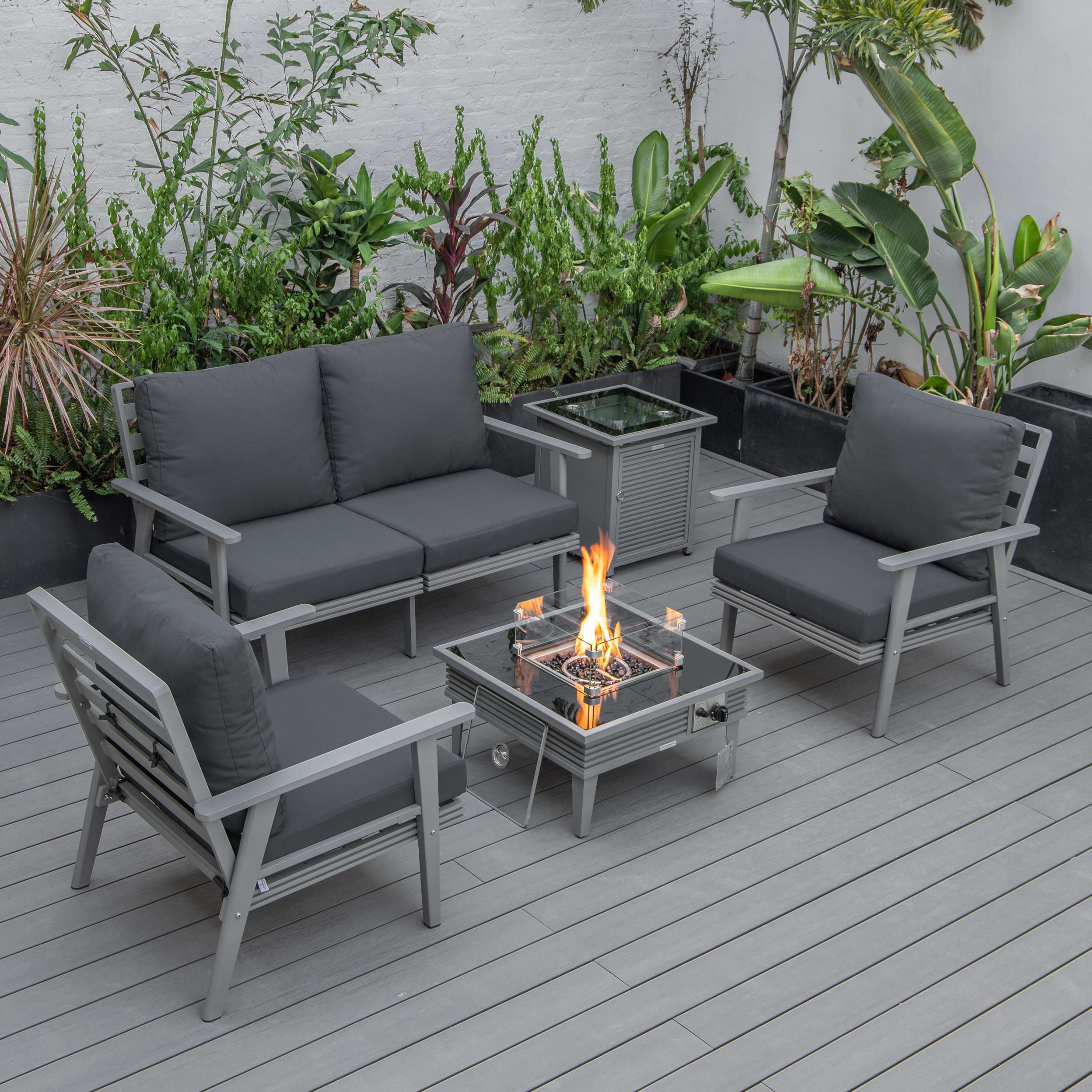 LeisureMod Walbrooke Modern Grey Patio Conversation With Square Fire Pit With Slats Design & Tank Holder - Image 4
