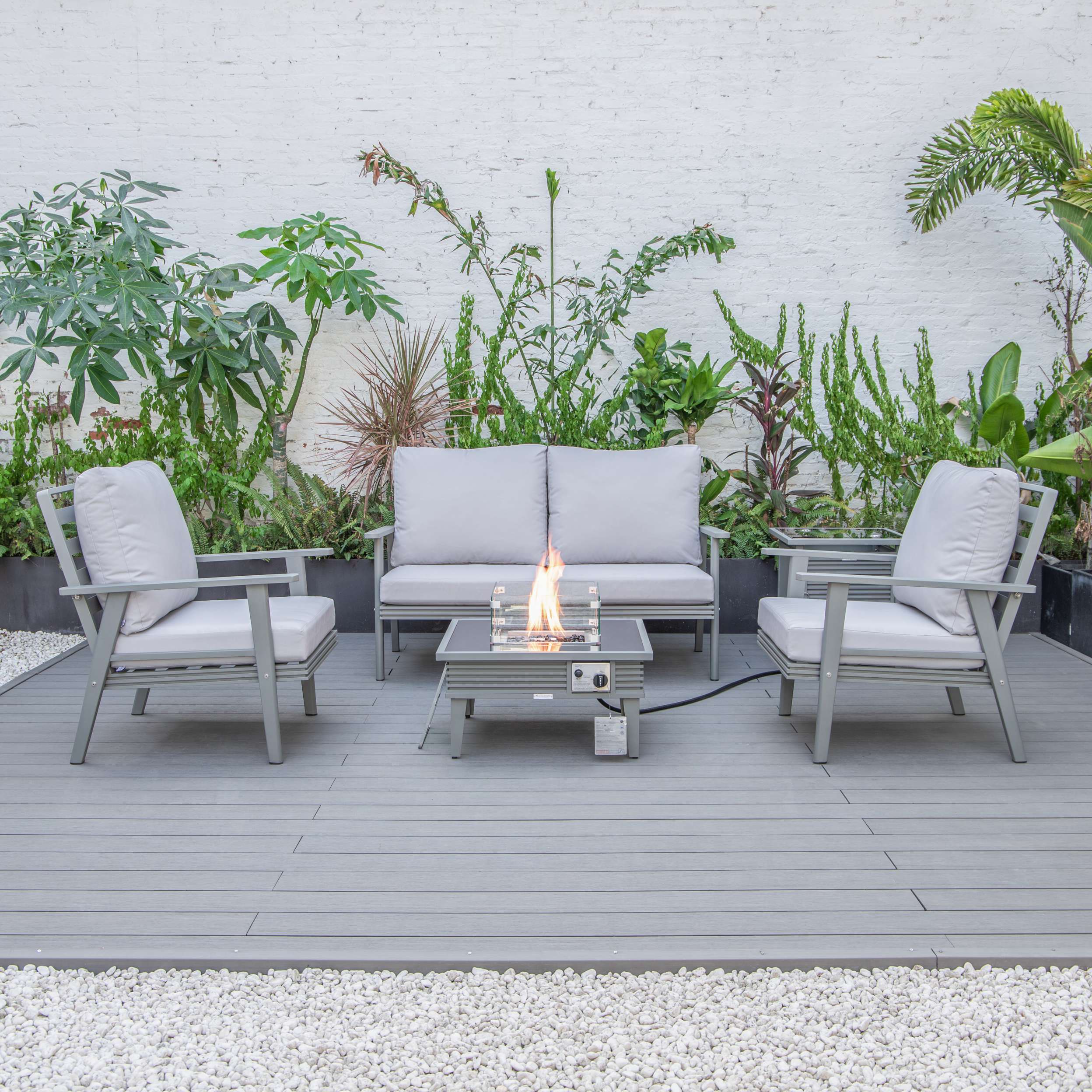 LeisureMod Walbrooke Modern Grey Patio Conversation With Square Fire Pit With Slats Design & Tank Holder - Image 44