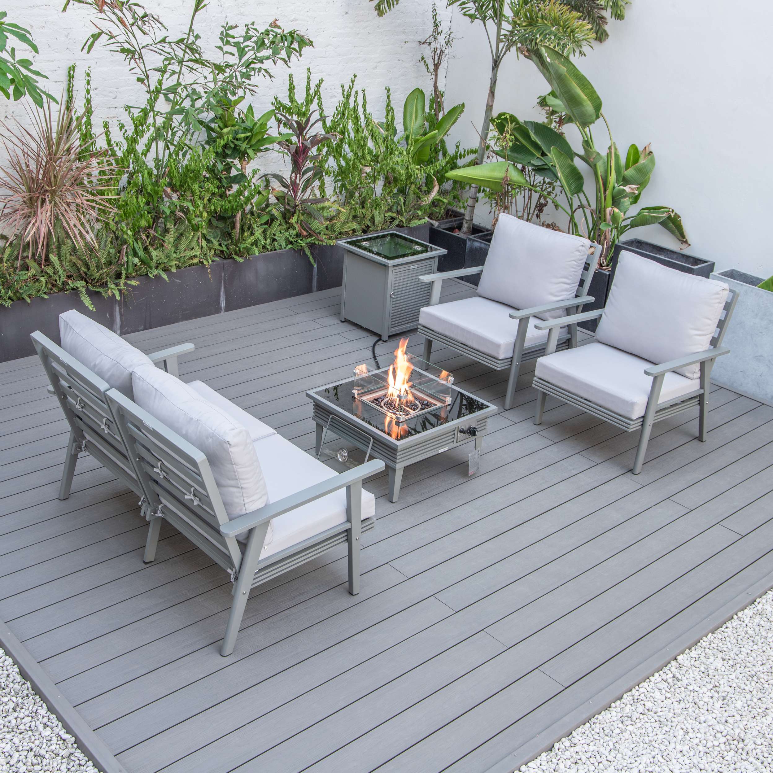 LeisureMod Walbrooke Modern Grey Patio Conversation With Square Fire Pit With Slats Design & Tank Holder - Image 45