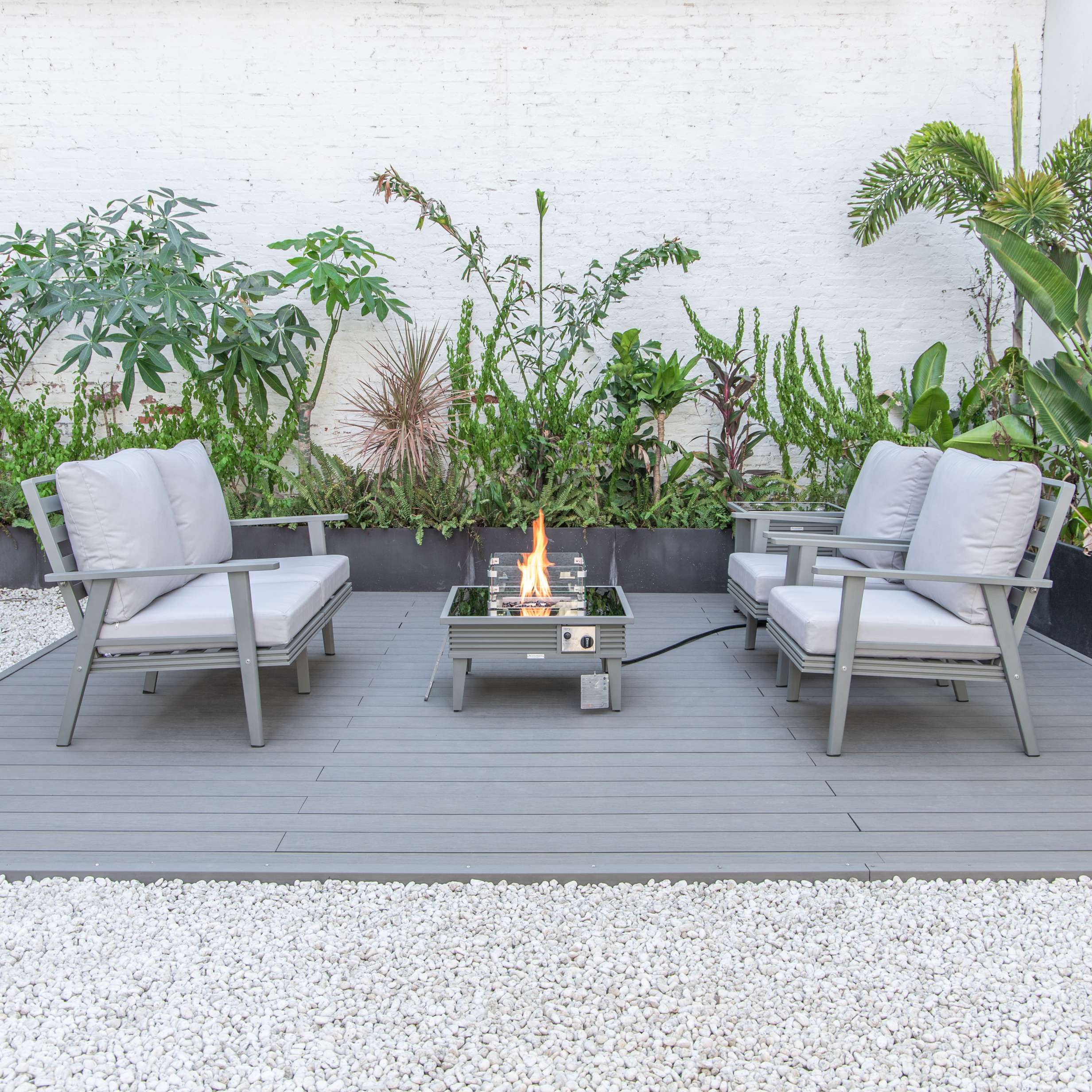 LeisureMod Walbrooke Modern Grey Patio Conversation With Square Fire Pit With Slats Design & Tank Holder - Image 46
