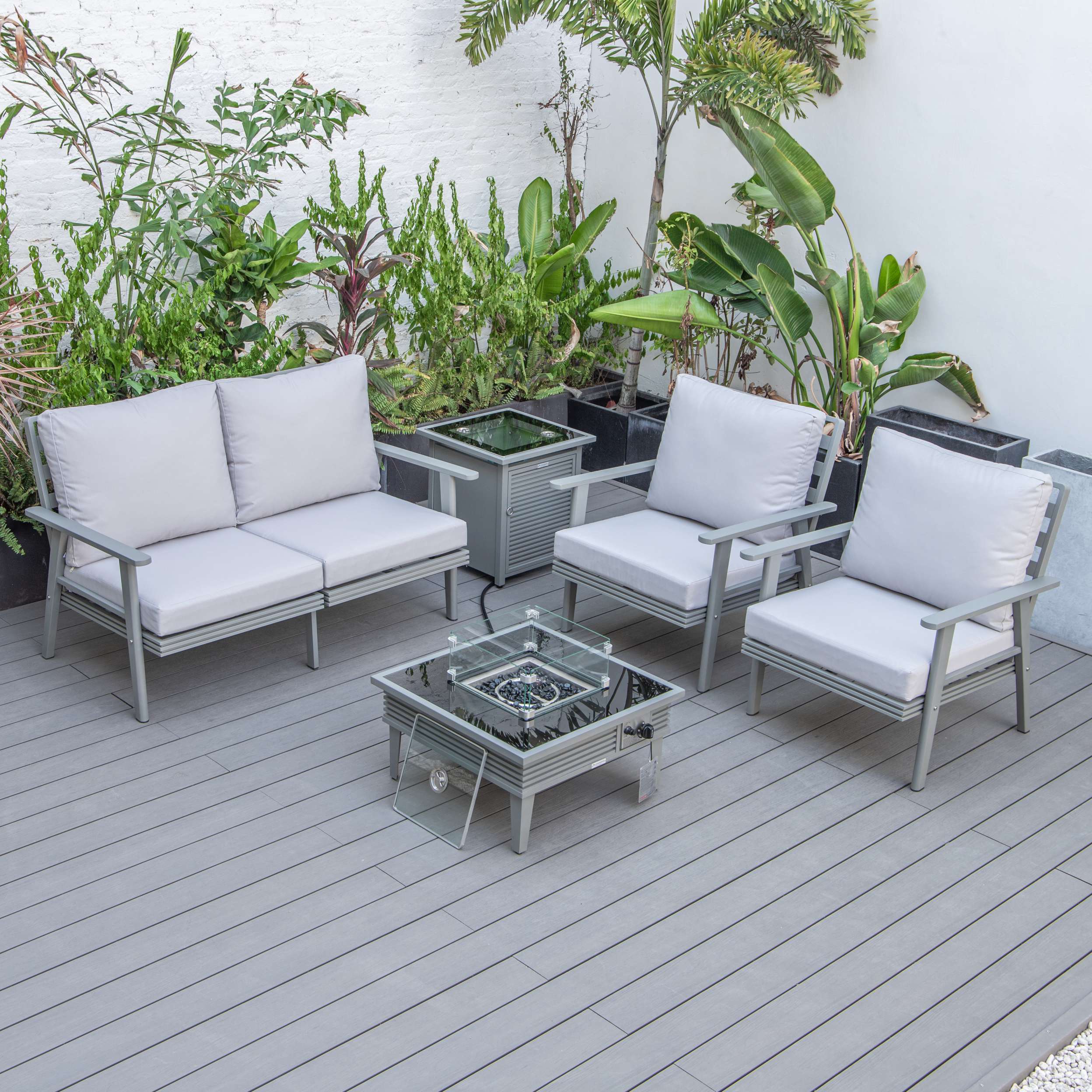 LeisureMod Walbrooke Modern Grey Patio Conversation With Square Fire Pit With Slats Design & Tank Holder - Image 47