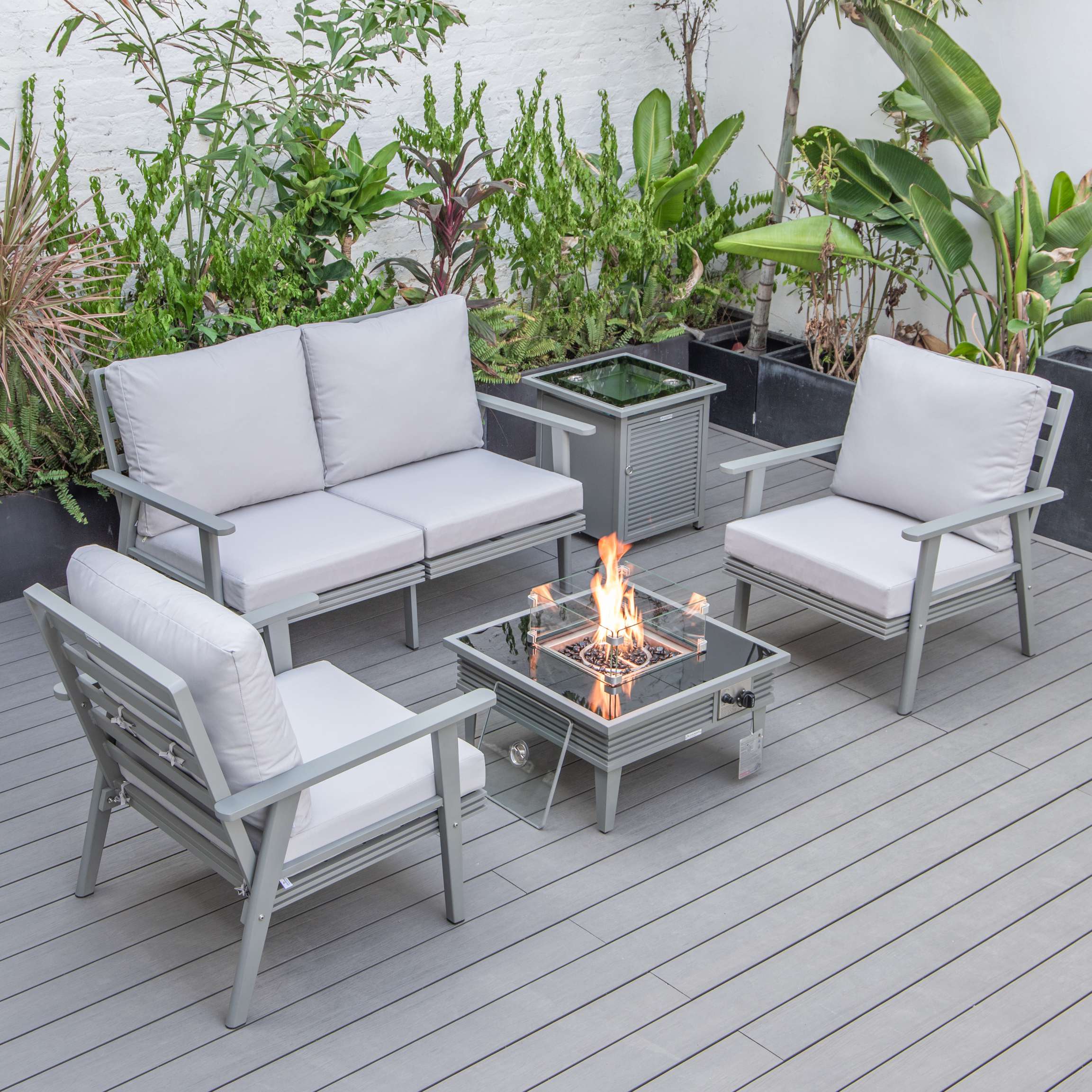 LeisureMod Walbrooke Modern Grey Patio Conversation With Square Fire Pit With Slats Design & Tank Holder - Image 48