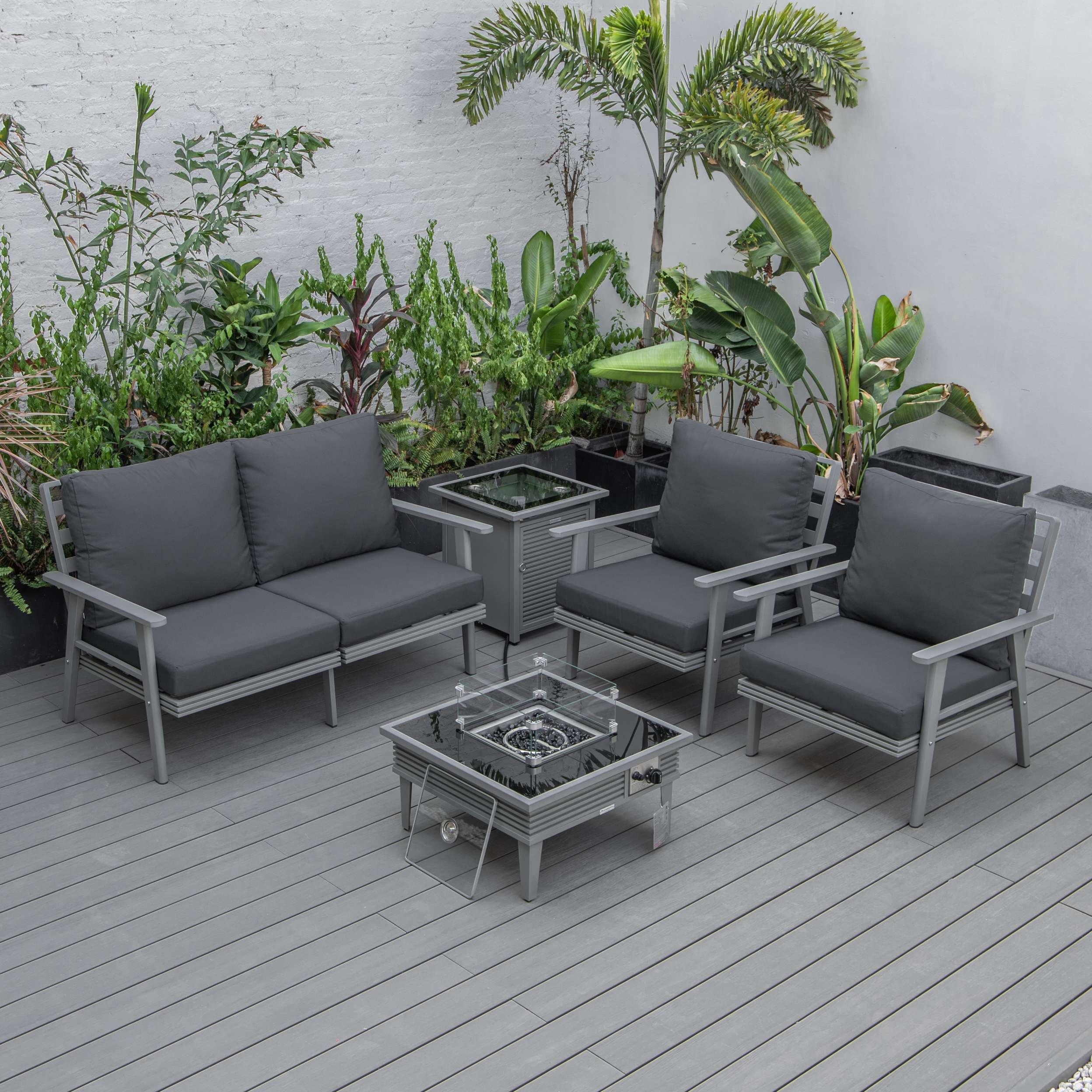 LeisureMod Walbrooke Modern Grey Patio Conversation With Square Fire Pit With Slats Design & Tank Holder - Image 5