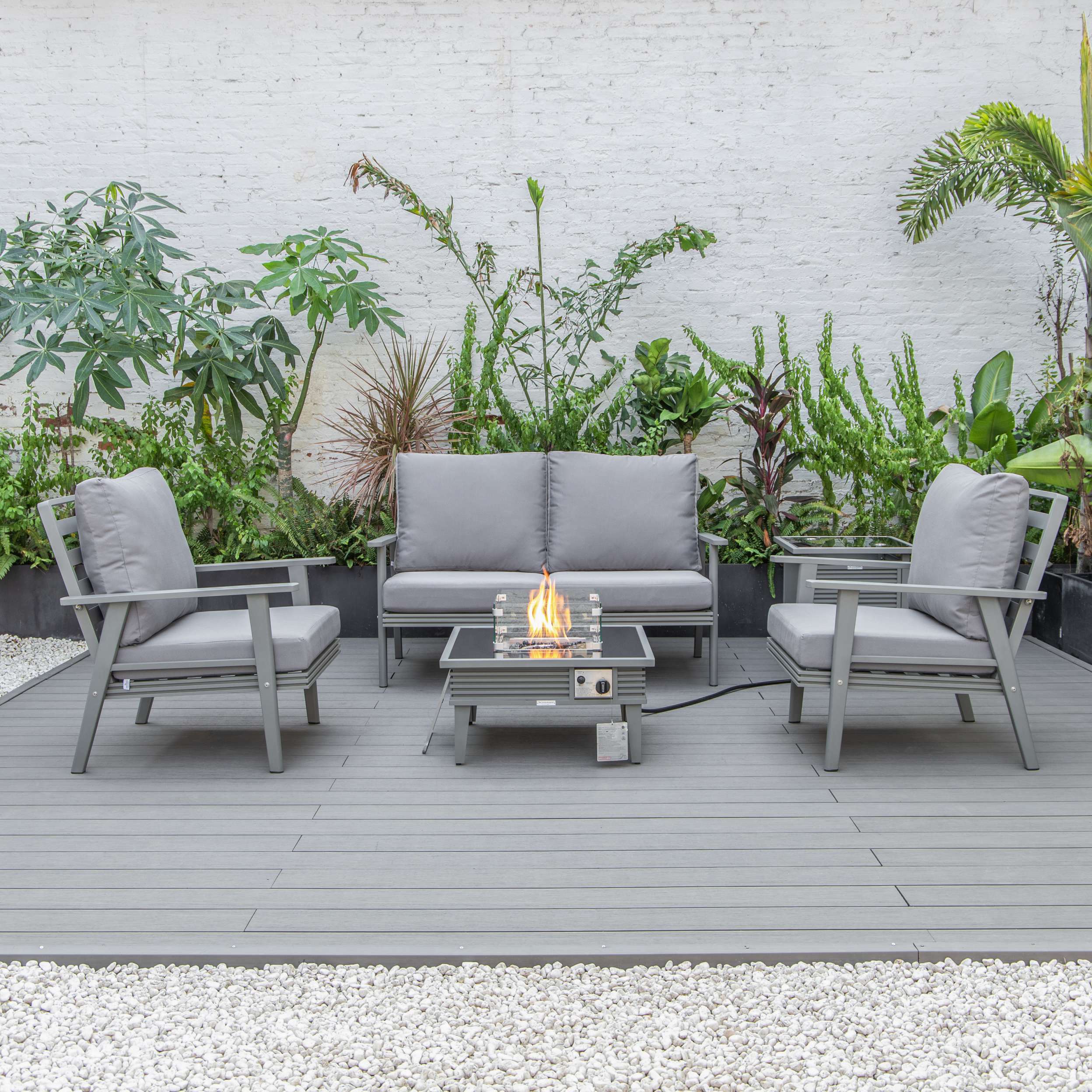 LeisureMod Walbrooke Modern Grey Patio Conversation With Square Fire Pit With Slats Design & Tank Holder - Image 59