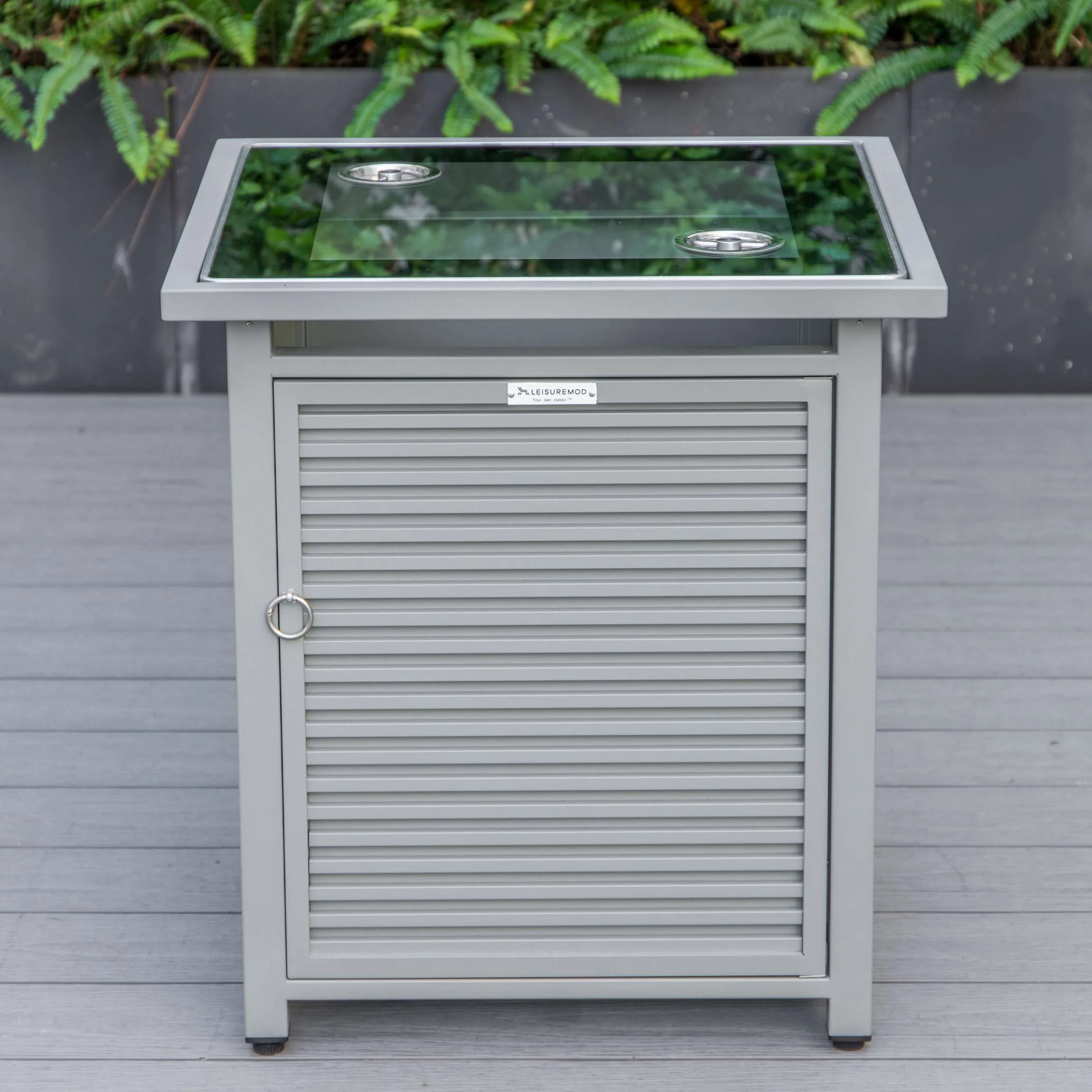 LeisureMod Walbrooke Modern Grey Patio Conversation With Square Fire Pit With Slats Design & Tank Holder - Image 6