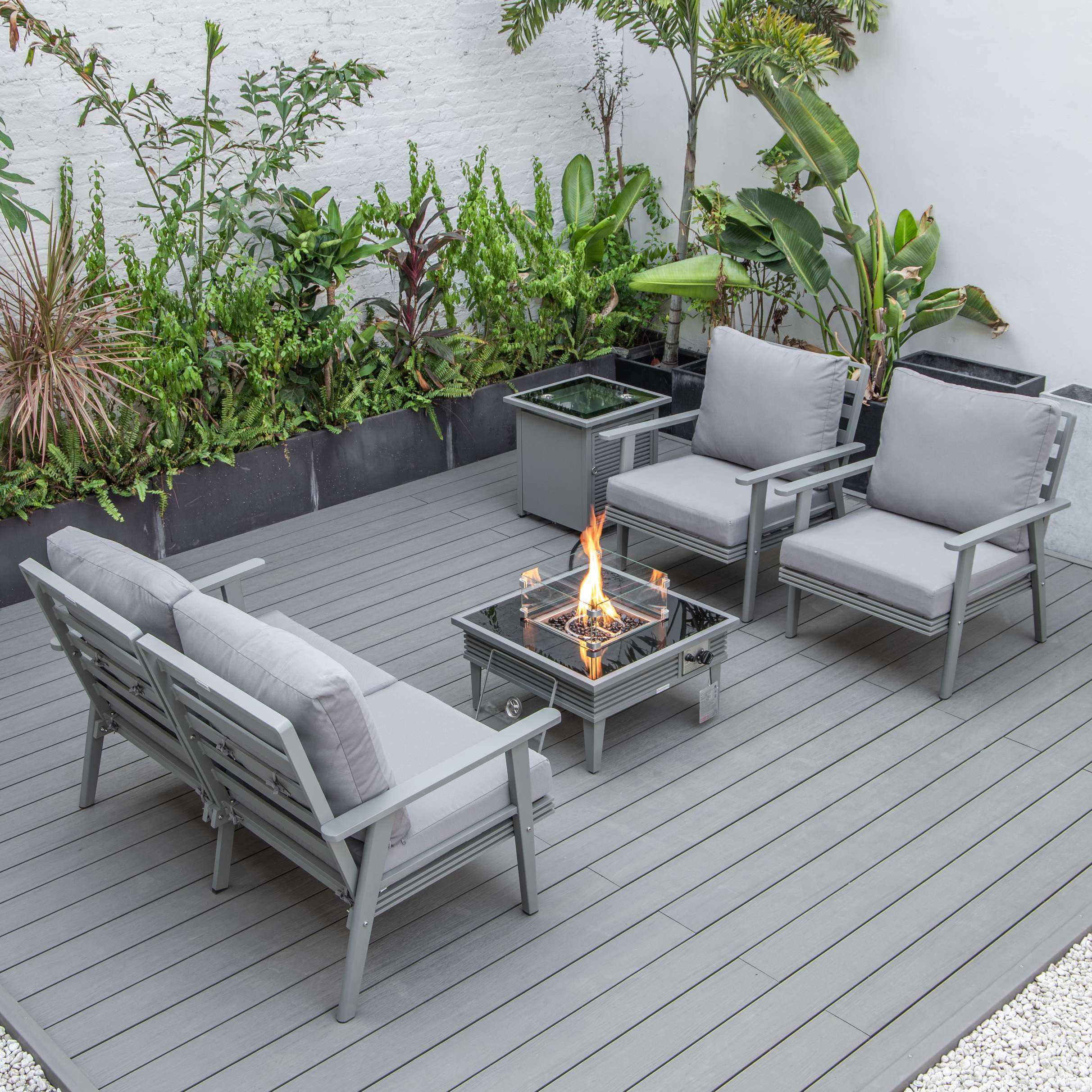 LeisureMod Walbrooke Modern Grey Patio Conversation With Square Fire Pit With Slats Design & Tank Holder - Image 60