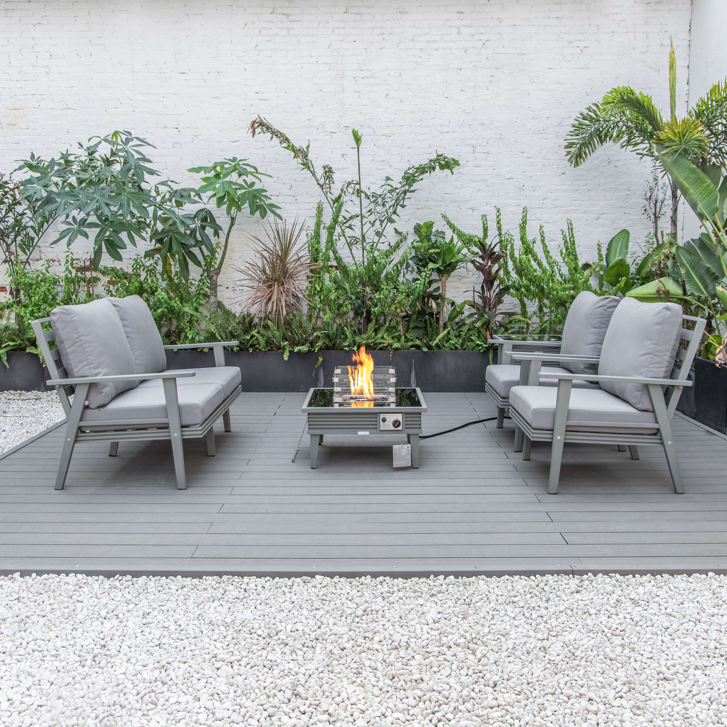 LeisureMod Walbrooke Modern Grey Patio Conversation With Square Fire Pit With Slats Design & Tank Holder - Image 61
