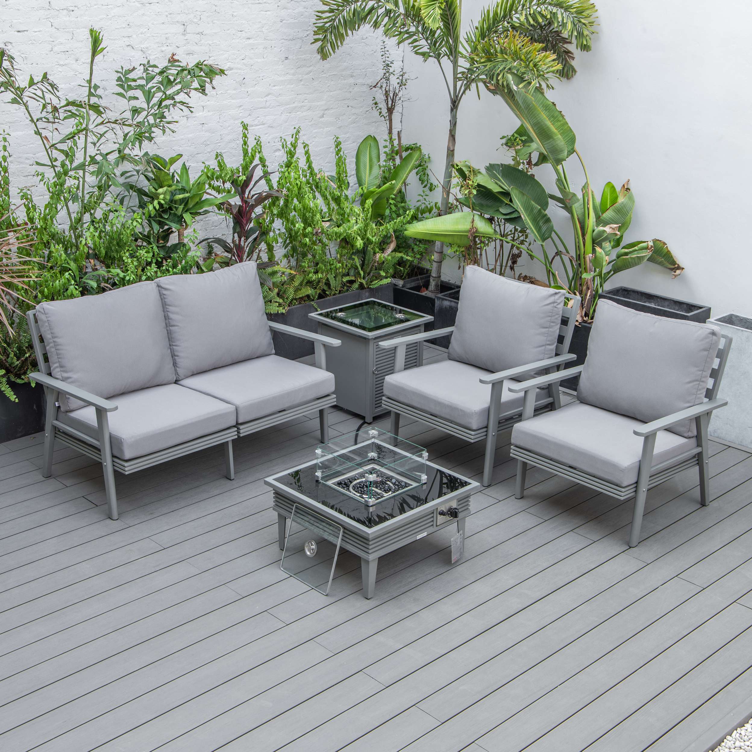 LeisureMod Walbrooke Modern Grey Patio Conversation With Square Fire Pit With Slats Design & Tank Holder - Image 62