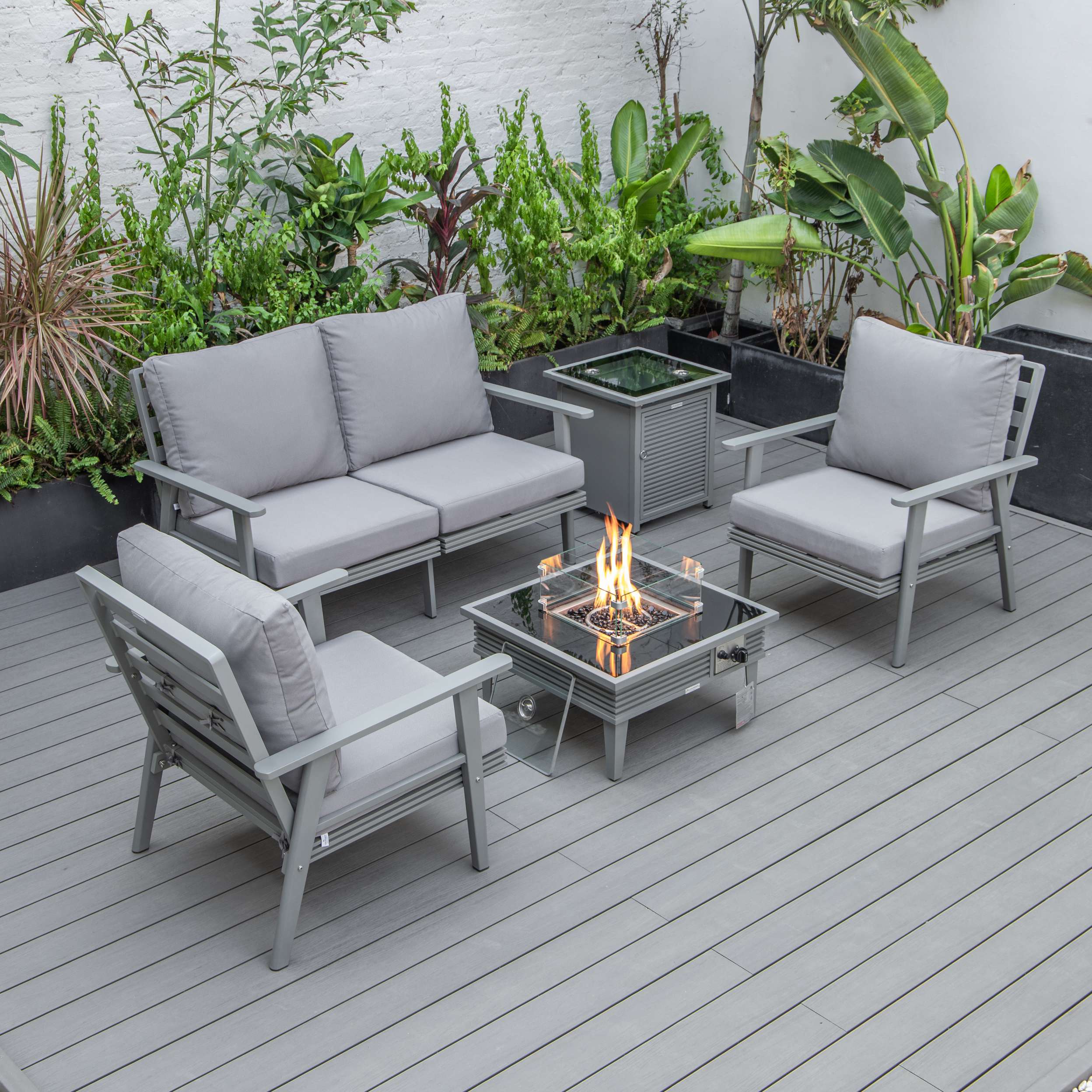LeisureMod Walbrooke Modern Grey Patio Conversation With Square Fire Pit With Slats Design & Tank Holder - Image 63