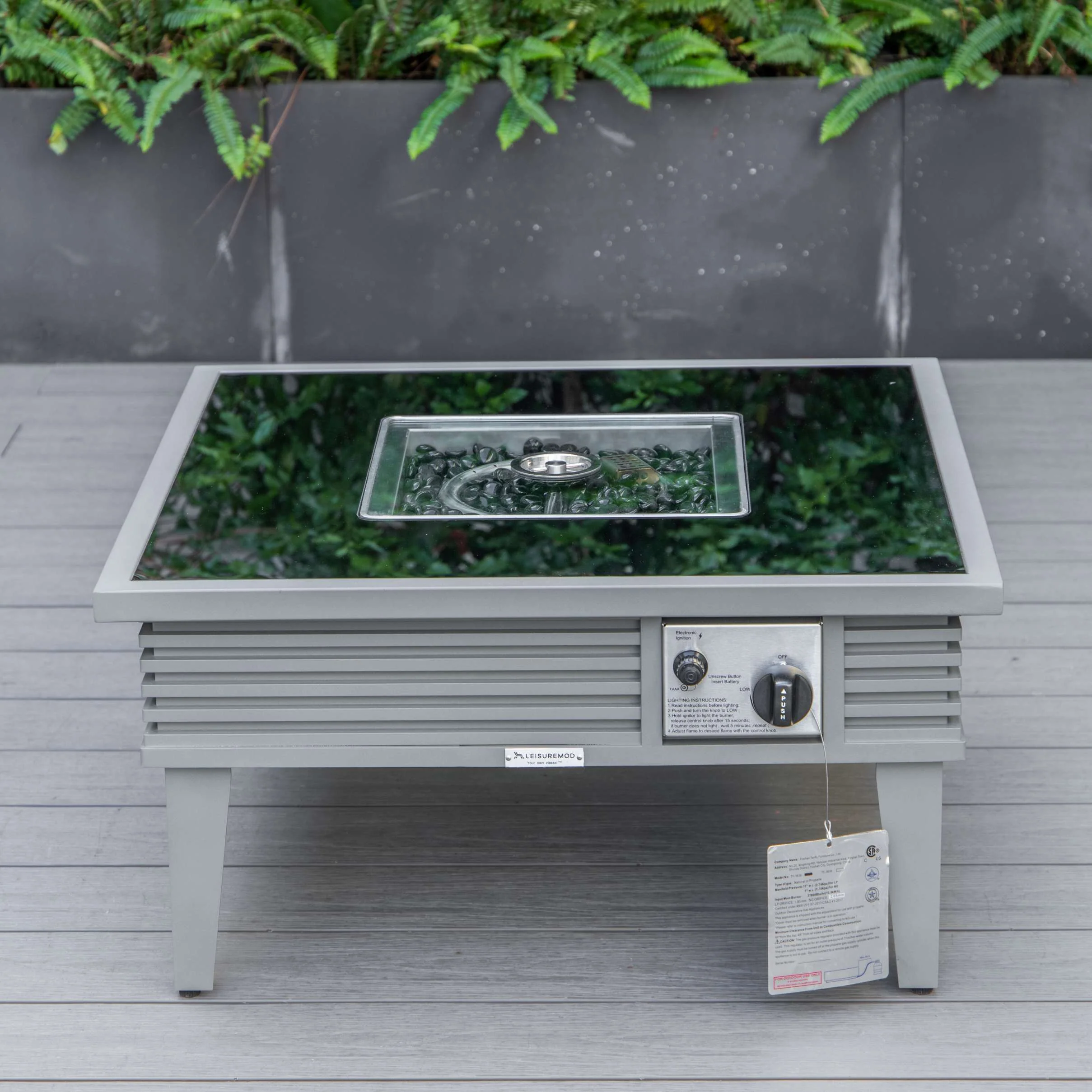 LeisureMod Walbrooke Modern Grey Patio Conversation With Square Fire Pit With Slats Design & Tank Holder - Image 7