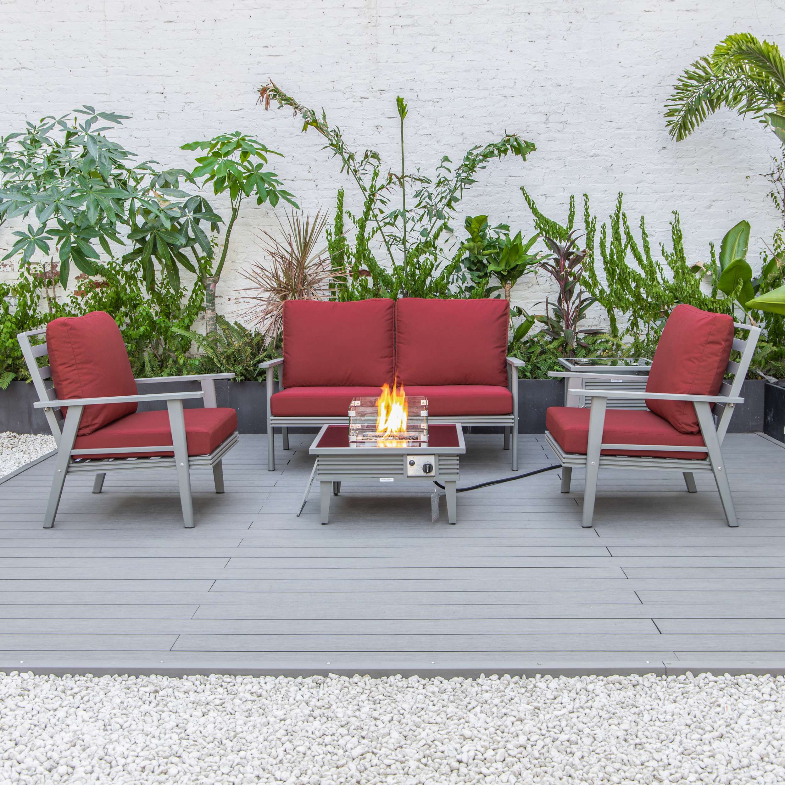 LeisureMod Walbrooke Modern Grey Patio Conversation With Square Fire Pit With Slats Design & Tank Holder - Image 74