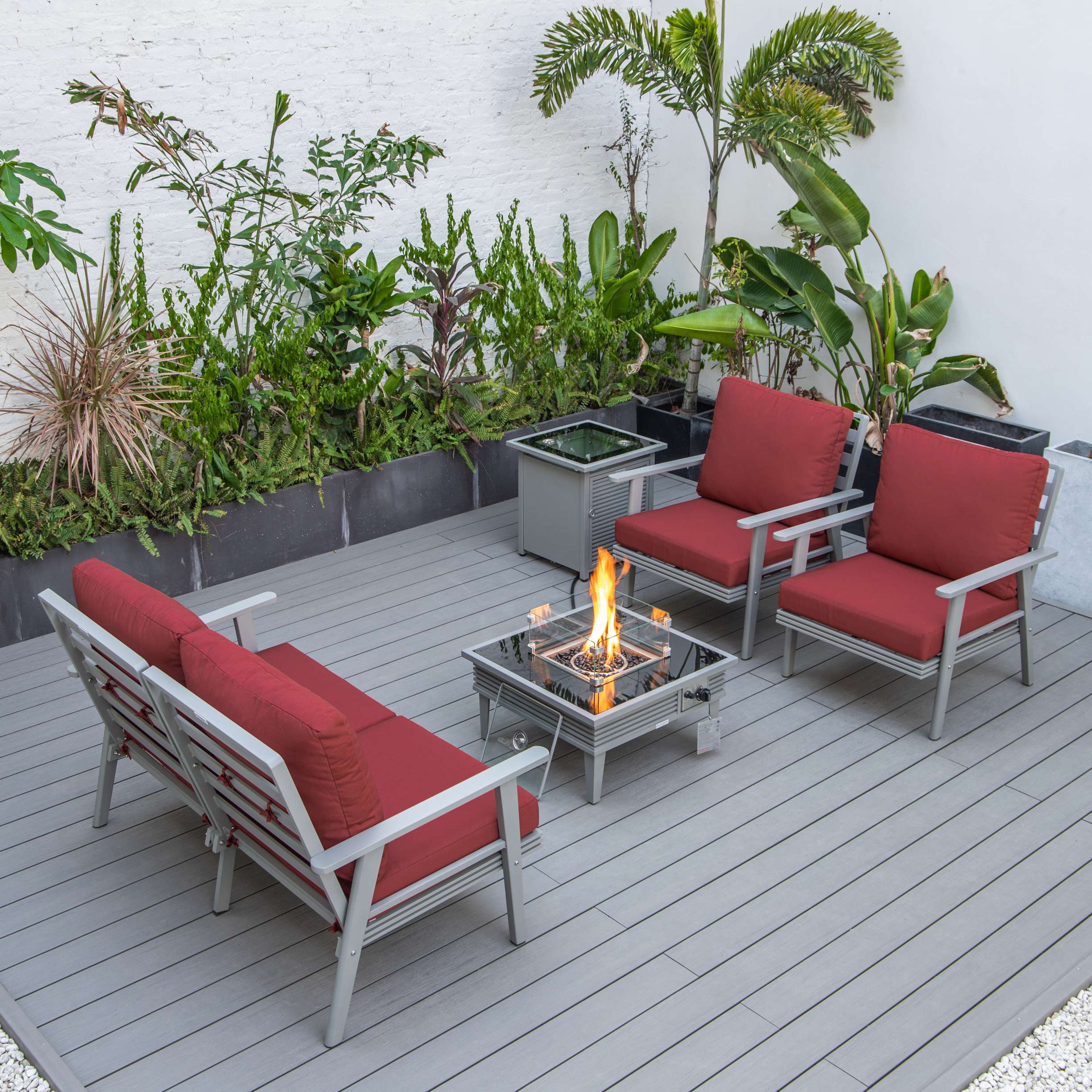 LeisureMod Walbrooke Modern Grey Patio Conversation With Square Fire Pit With Slats Design & Tank Holder - Image 75